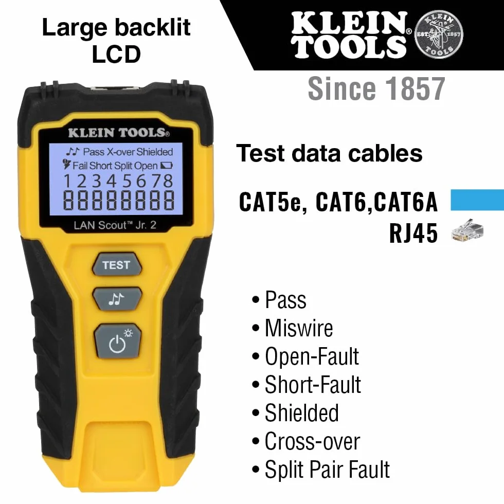 Klein Tools VDV526-200E V LAN Scout Jr. 2 tester kabli sieciowych Cat 3-7 RJ45 z tonerem LCD
