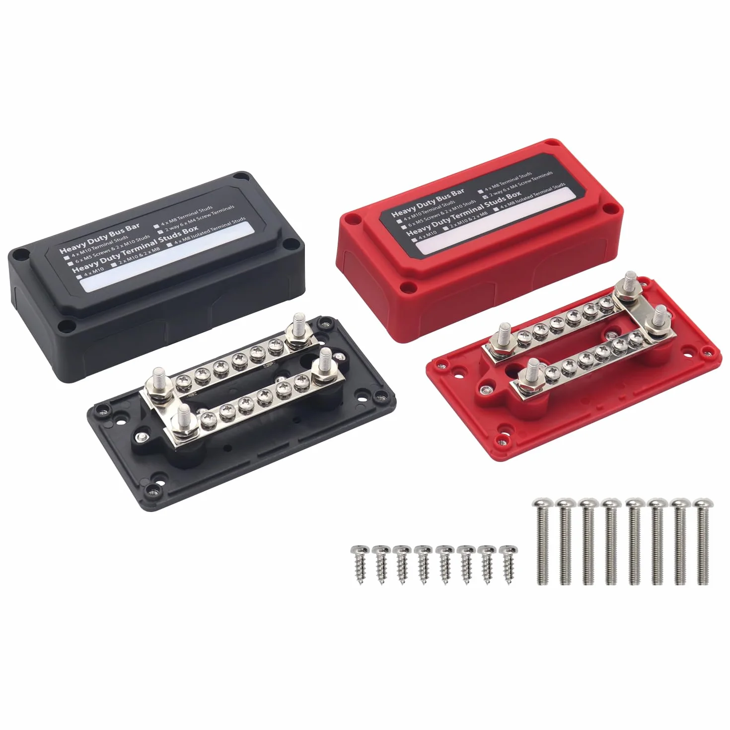 Busbar 12 V, listwa magistrali 100 A, solidne bloki rozdzielcze, słupki 4 x M6, słupki, 12 x M4, śruby Dominos, drążki magistrali dodatniej i podłogowej, bloki akumulatorów, czerwony i czarny