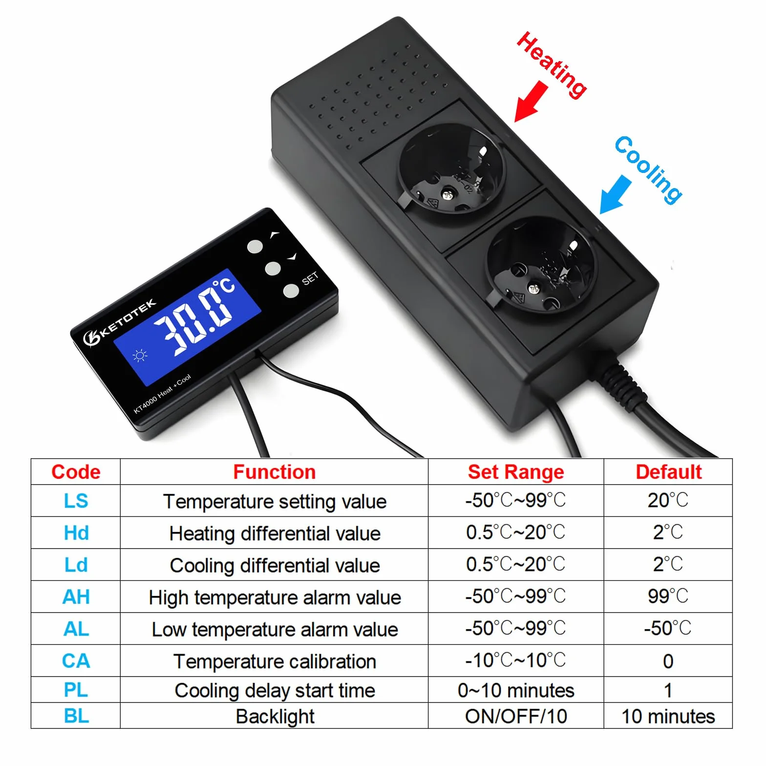 KETOTEK Kontroler Temperatury Termostat Wtyczka Gniazdo Elektryczne Cyfrowy z 2m wodoodporna sonda 220V dla Akwarium Szklarnia Lodówka Przełącznik sterowania ogrzewaniem chłodzenie