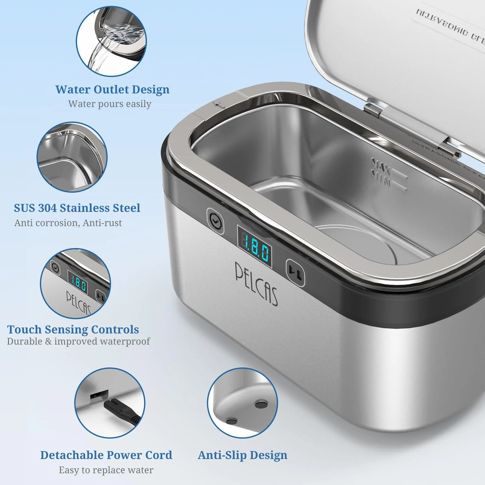 PELCAS Ultrasonic Cleaner 500 ml - Ulepszenie Urządzenie Ultradźwiękowe 45KHz Ekran Dotykowy Ultrasonic Cleaner z 5 Ustawieniami Czasu 38W Ultrasonic Bath do Makijażu Szczotki Zegarki do Okularów