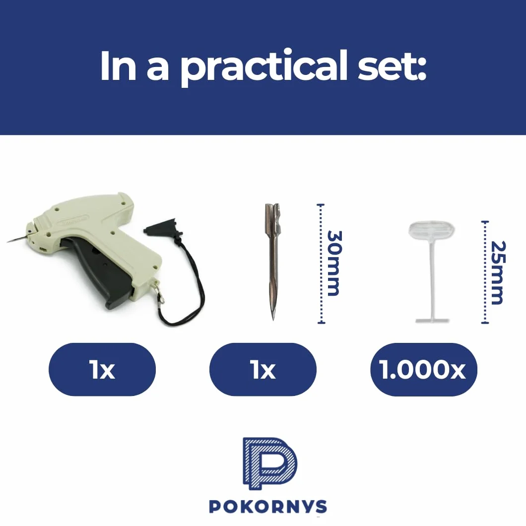 Pokornys Pistolet do etykiet Arrow 9S Standard w zestawie z 1 igłą zapasową + 1000 zszywkami standardowymi 25 mm – pistolet do mocowania metek cenowych na tkaninach tekstylnych, takich jak ubrania, wyroby skórzane itp.
