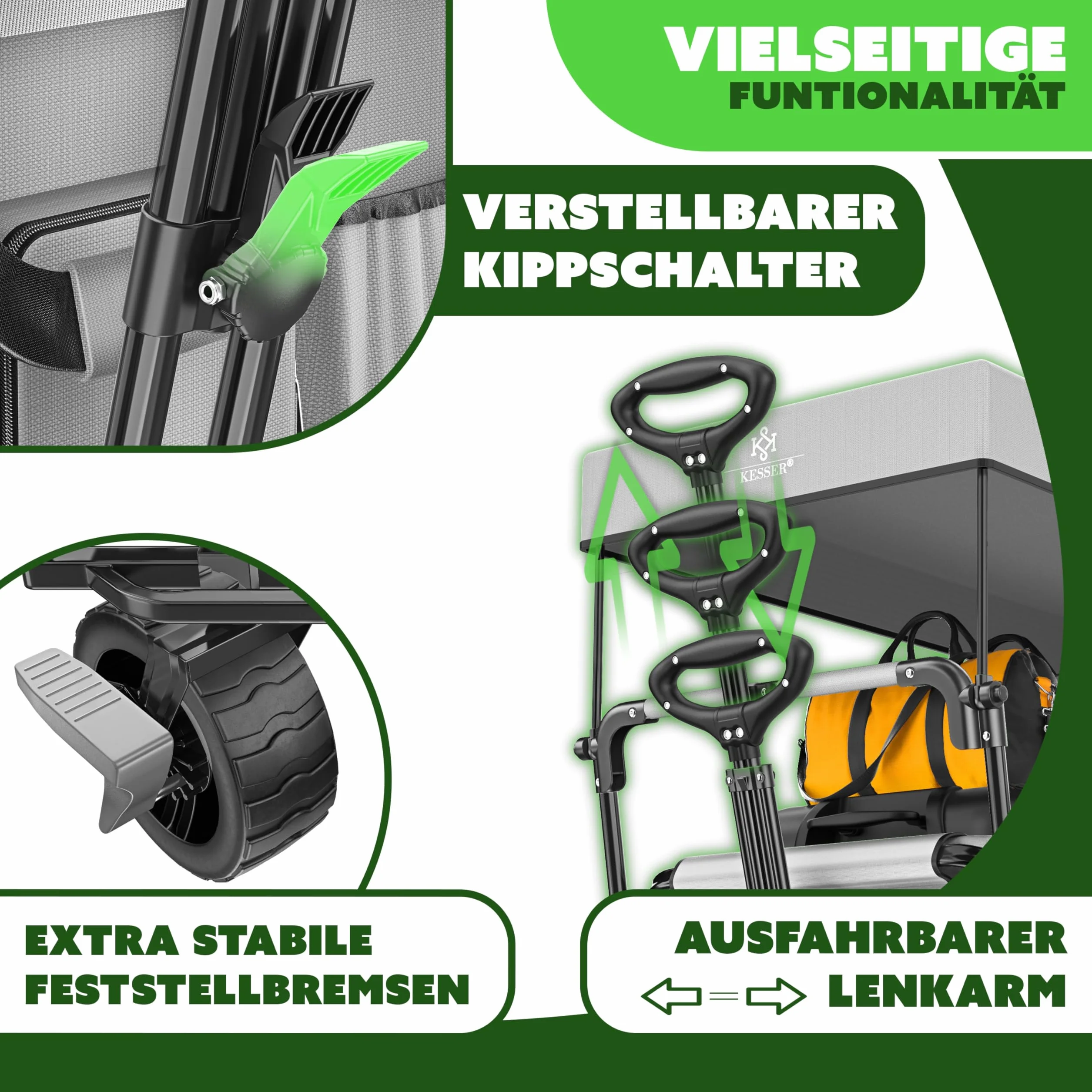 KESSER GT9000 Składany wózek transportowy z dachem, do 80 kg (w zestawie torba do noszenia) – szary