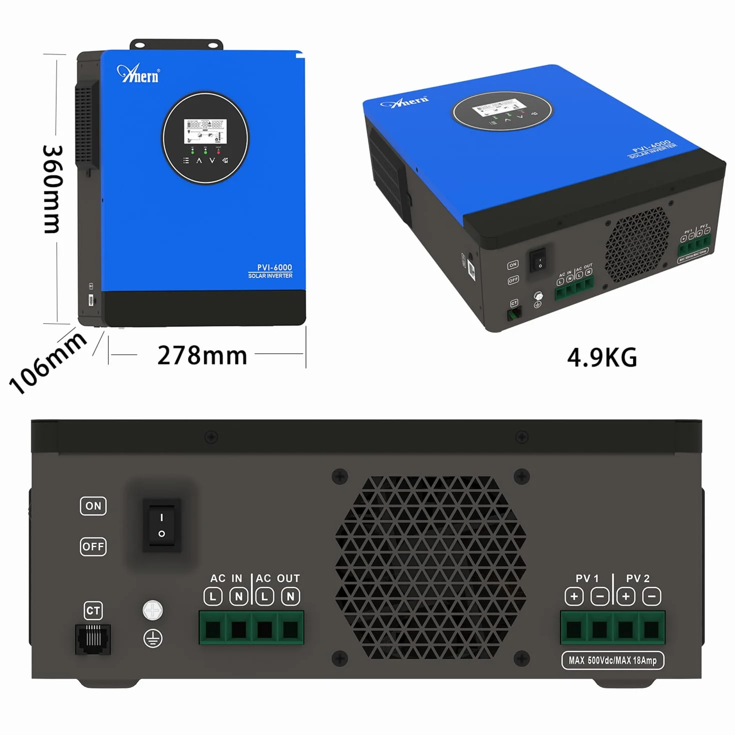 Anern Hybrydowy Falownik 10KW Zintegrowany 3 MPPT Nie Potrzebna bateria, Może Zasilać Silnik 1,5P+3P lub Pompę Wodną,Out-Network Falownik Słoneczny 220V-240VAC,Napięcie MPPT 60-450VDC