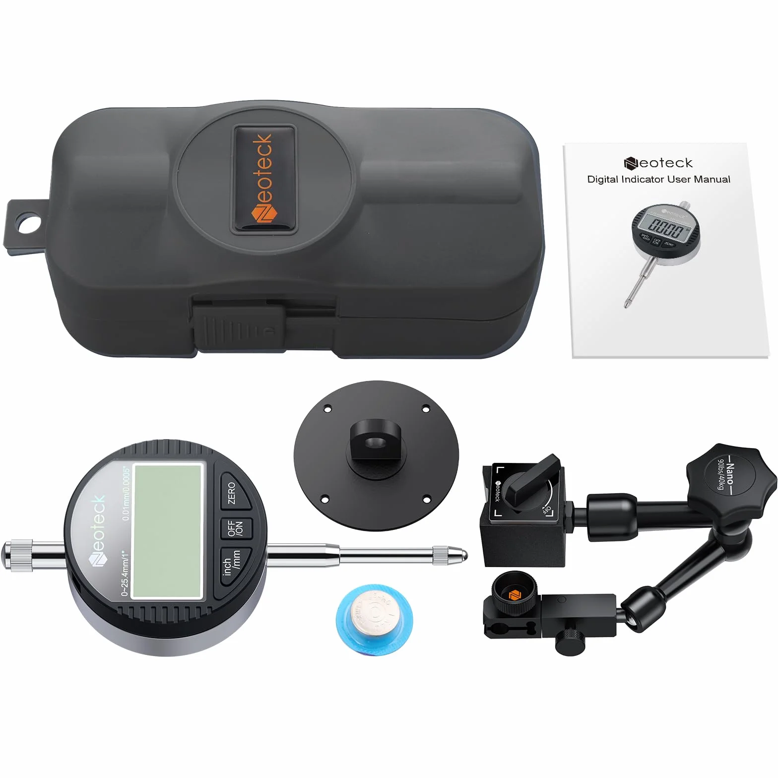 Neoteck Zegar pomiarowy i stopka magnetyczna 25,4 mm, zestaw cyfrowych zegarów pomiarowych (0,0005"/0,01 mm) z walizką do przechowywania, narzędzie pomiarowe, elektroniczny zegar pomiarowy do