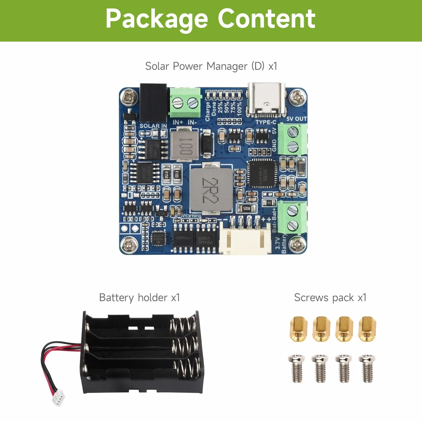 Waveshare Solar Power Manager Module (D), Support 6V~24V Solar Panel & Type-C Power Adapter, 5V/3A Output, Solar Controller USB, MPPT Solar Charger, with batt Holder (batt are Not Included)