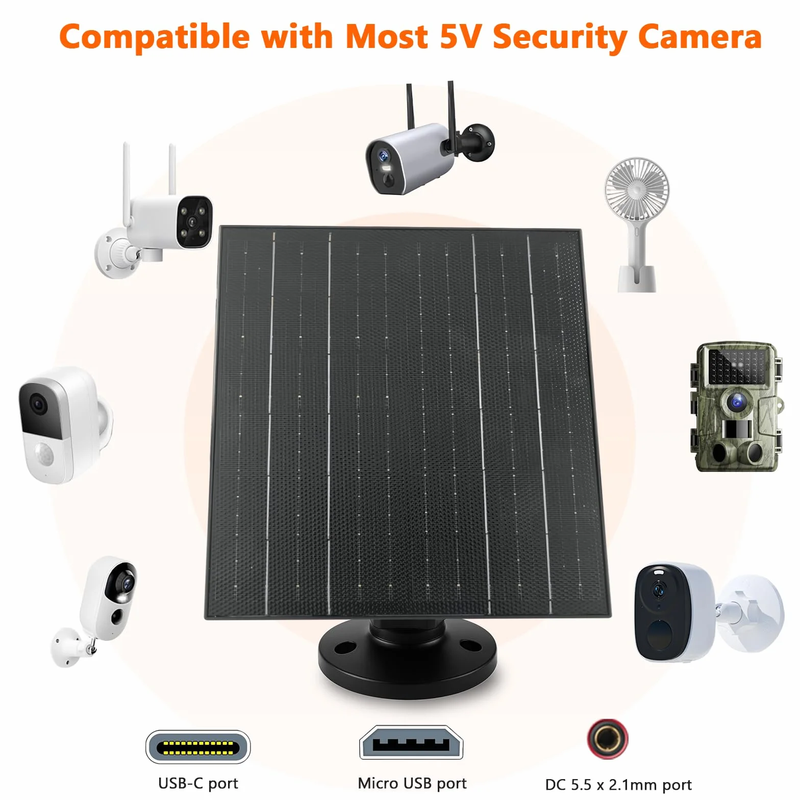 Zivif Ładowarka solarna 10 W, panel słoneczny 5 V do kamer bezpieczeństwa z portami USB-C/Micro USB/DC 5,5 x 2,1 mm, wodoodporność IP66, regulowany uchwyt 360° i kabel 2,2 m