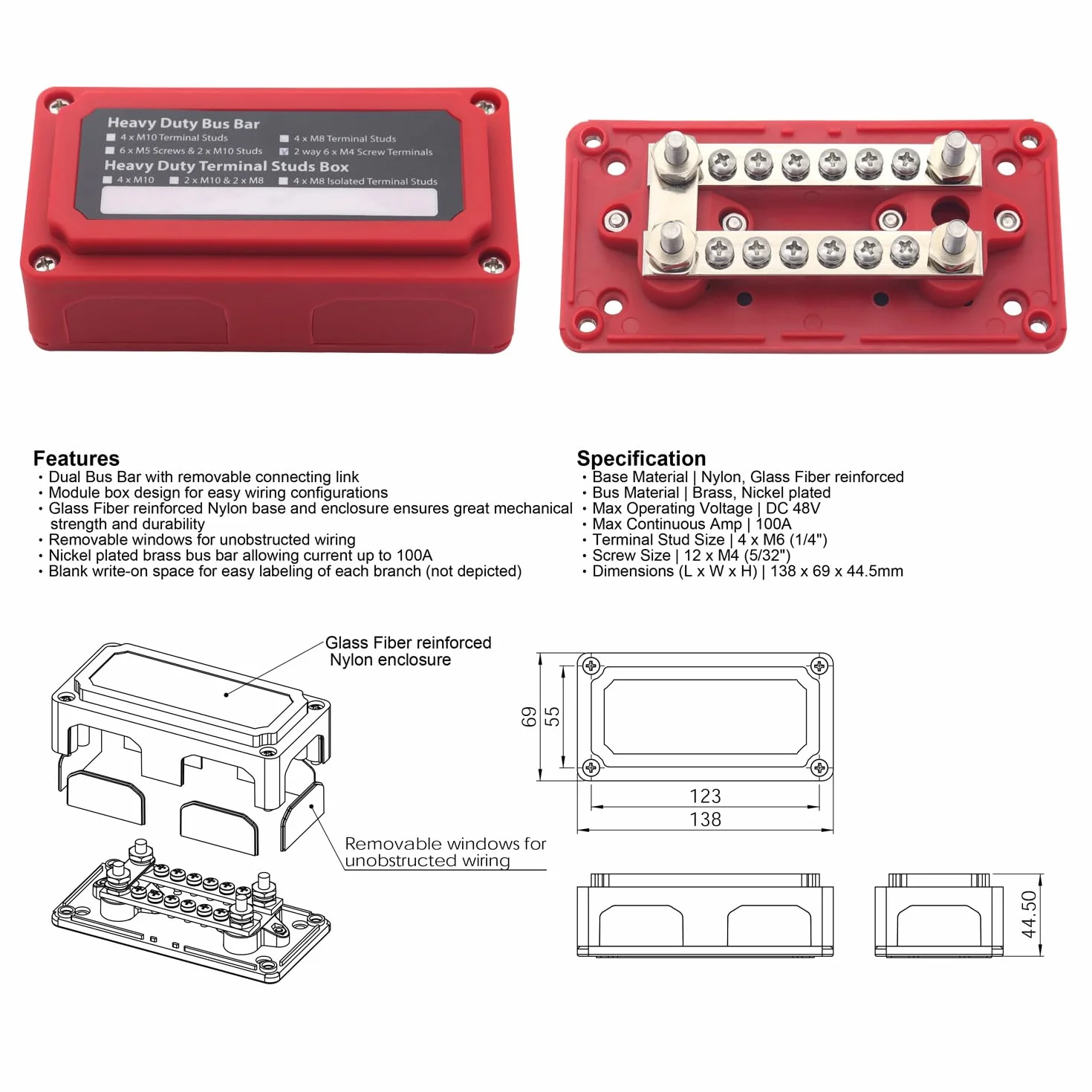 Busbar 12 V, listwa magistrali 100 A, solidne bloki rozdzielcze, słupki 4 x M6, słupki, 12 x M4, śruby Dominos, drążki magistrali dodatniej i podłogowej, bloki akumulatorów, czerwony i czarny