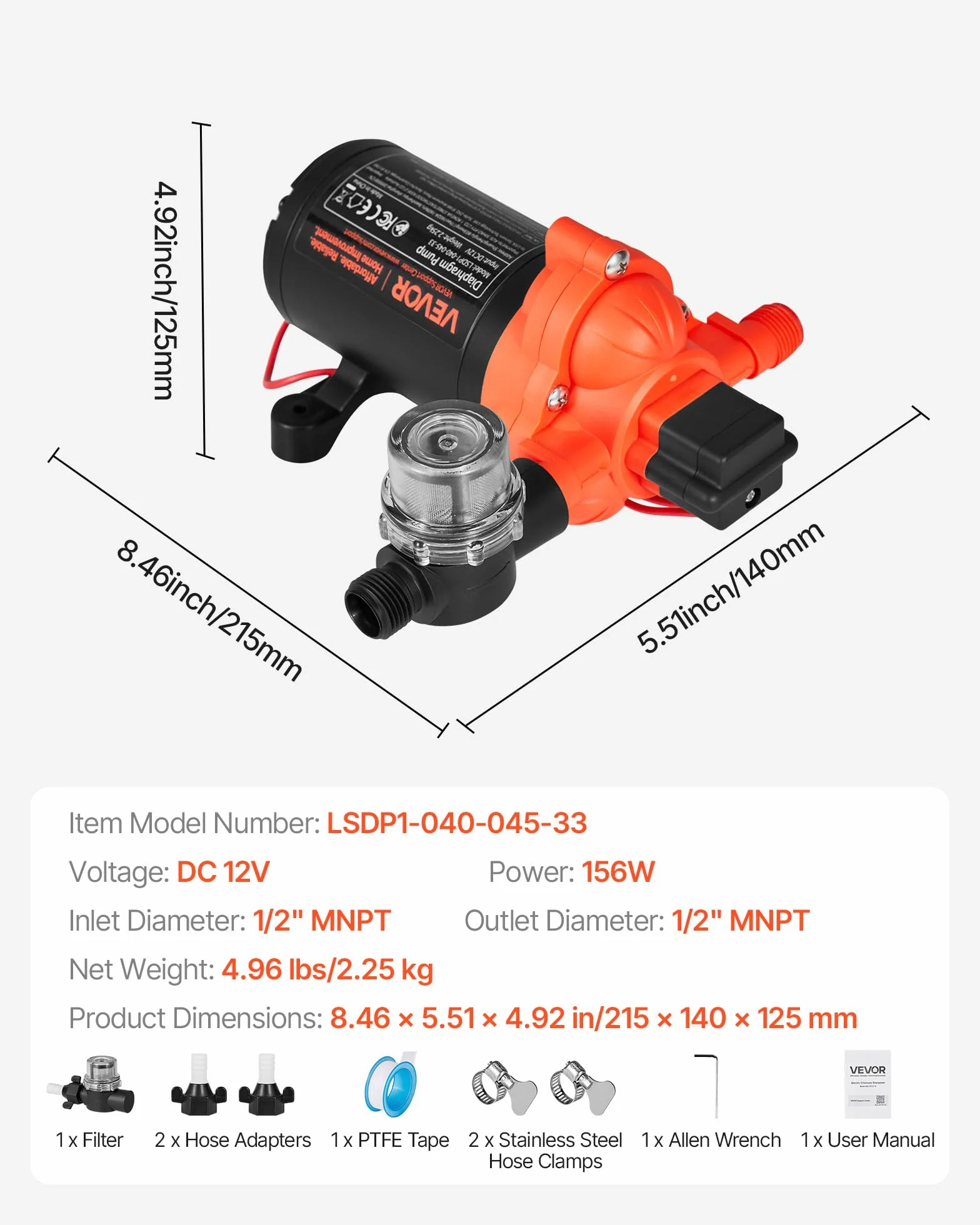 VEVOR Pompa membranowa, 12 V DC, 15,1 l/min, samozasysająca 3-komorowa pompa wodna z automatycznym przełącznikiem ciśnieniowym, ciśnienie 2,75 bar, do przyczep kempingowych, statków, jachtów, myjni