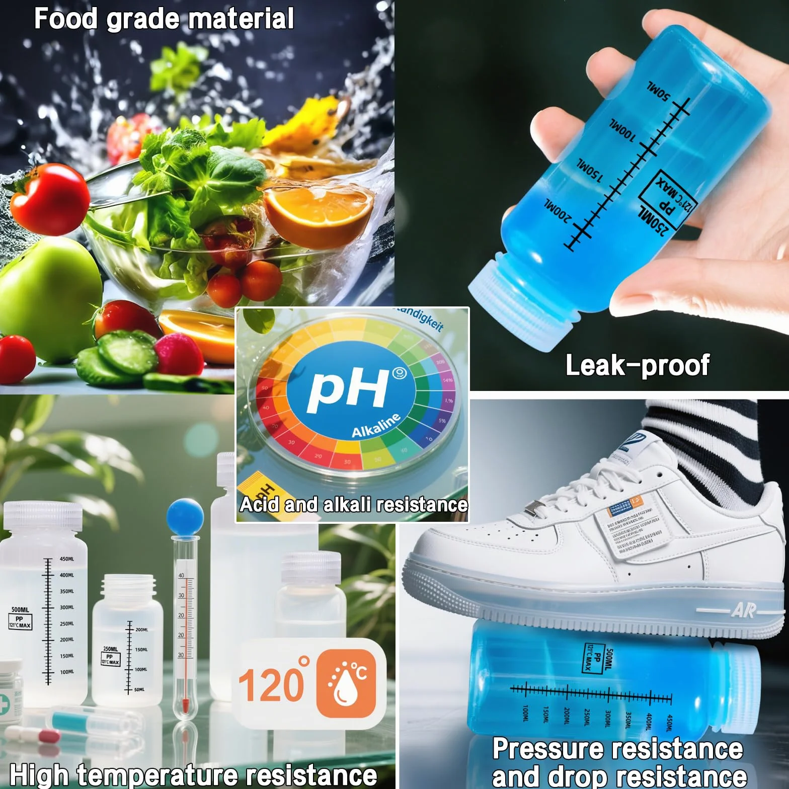 DKBT 8 sztuk butelek z szeroką szyjką ze skalą, 30 ml, plastikowe, puste butelki laboratoryjne, szczelne, z polietylenu (HDPE), do butelek na próbki wody