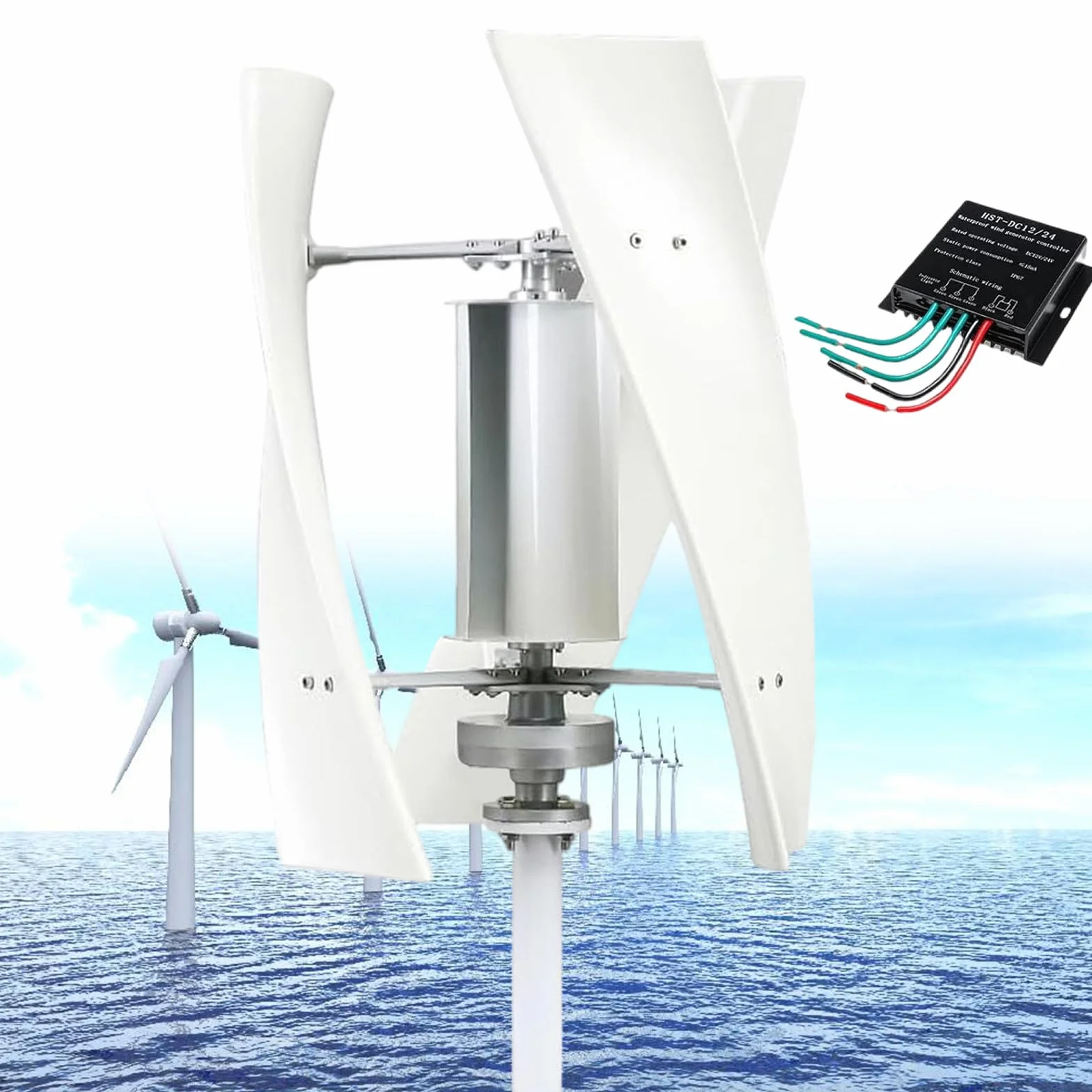 Pionowa Turbina Wiatrowa 14000W 12V/24V/48V/110V/220V Kompletny Zestaw ze Sterownikiem Biały 220V