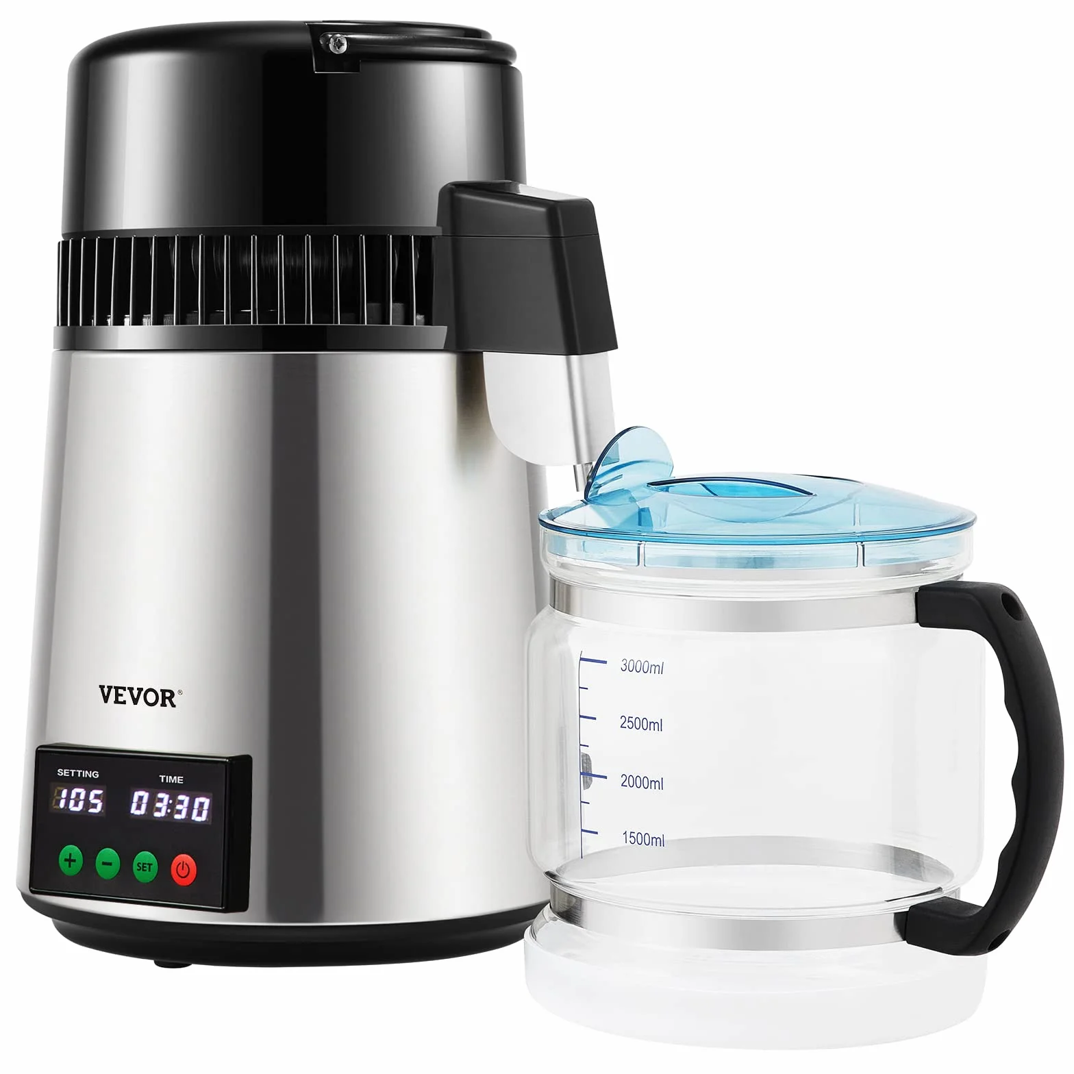 VEVOR destylator wody, pojemność rury: 4 l, 750 W, destylator wody 1 l/h, ze szklanym zbiornikiem ze srebra, do kuchni, biura, laboratorium, szpitali, kliniki dentystycznej itd.