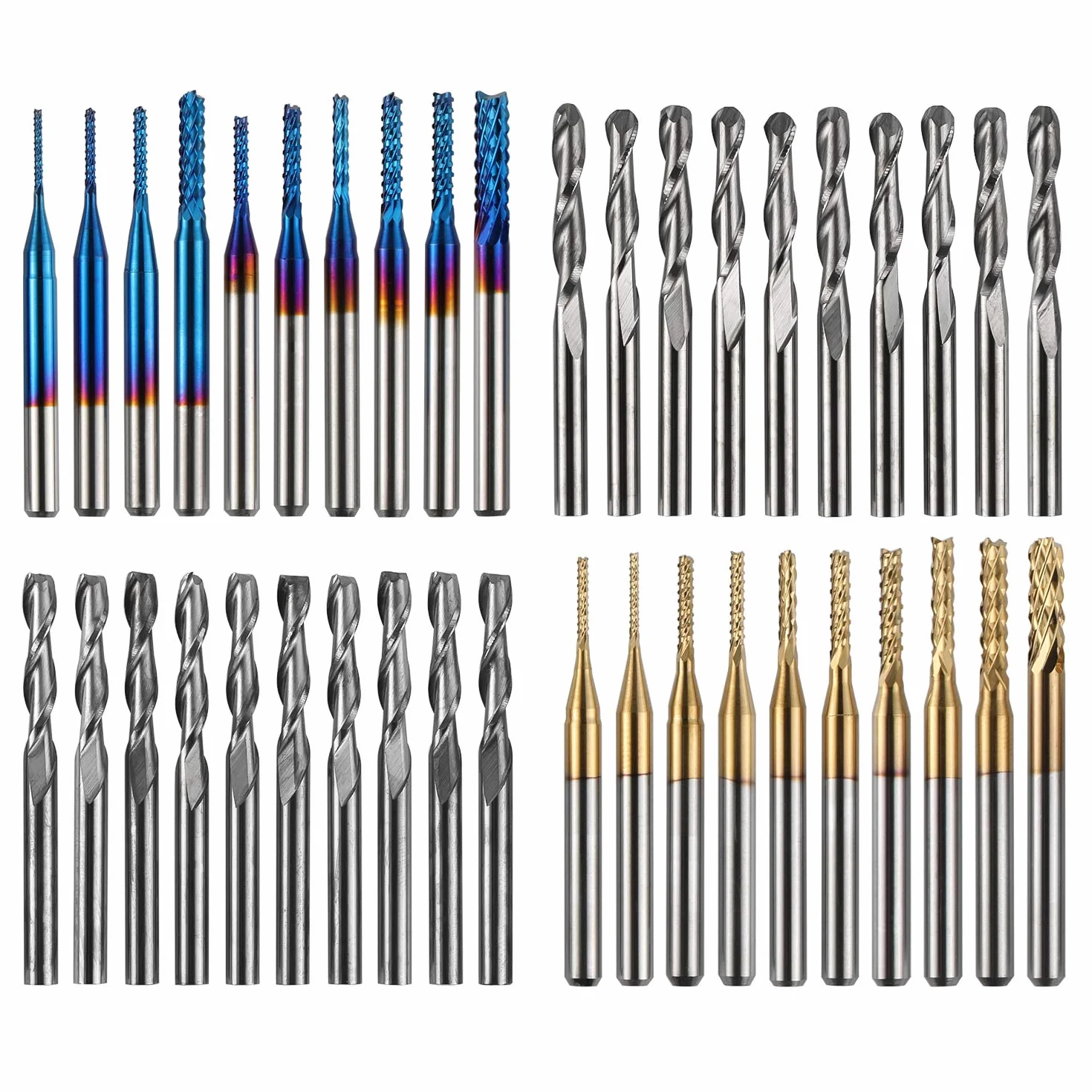 Genmitsu MC40A zestaw frezów trzpieniowych z łącznie 40 bitami do frezowania CNC, trzpień 1/8", zestaw frezów CNC z 2 rowkami frezami płaskimi i kulkowymi, nano-niebieską powłoką i powłoką tytanową,