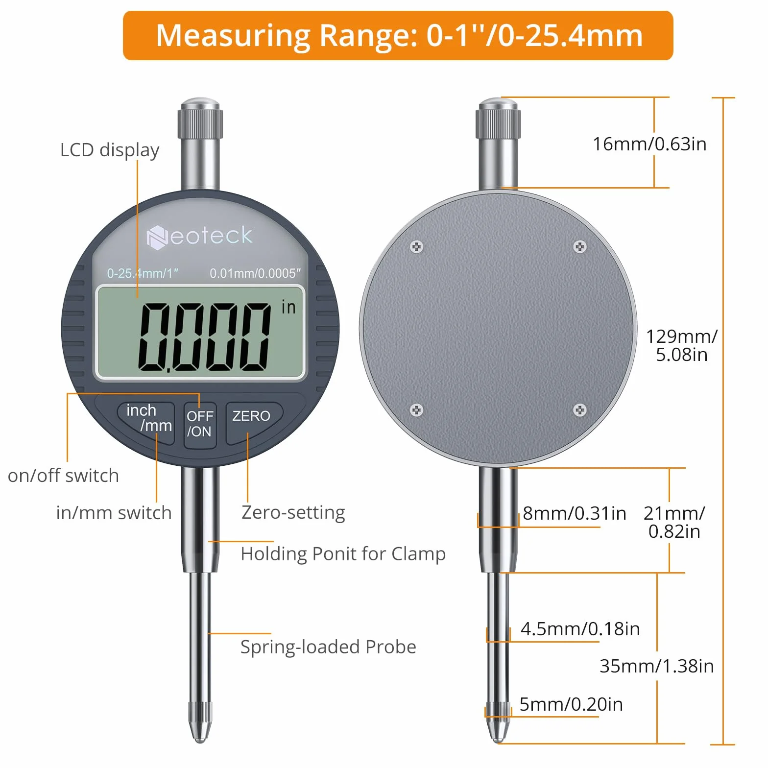 Neoteck Cyfrowy Zegar Pomiarowy 25,4 mm 0,01 mm z Walizką