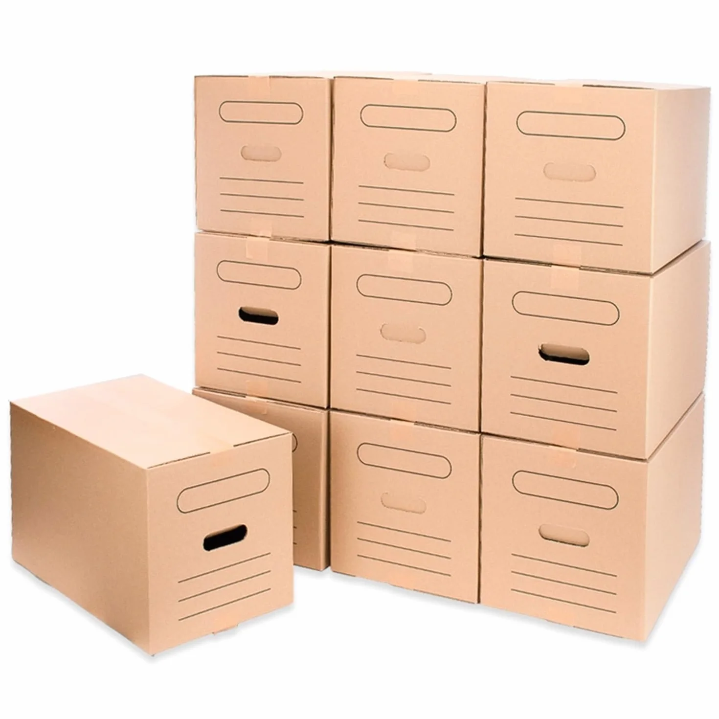Opakowanie 10 kartonowych pudełek do przechowywania Transport, pudełko z uchwytami ułatwiające obsługę, wymiary 50x30x30 cm, bardzo wytrzymałe pudełko kartonowe, w 100% przyjazne dla środowiska