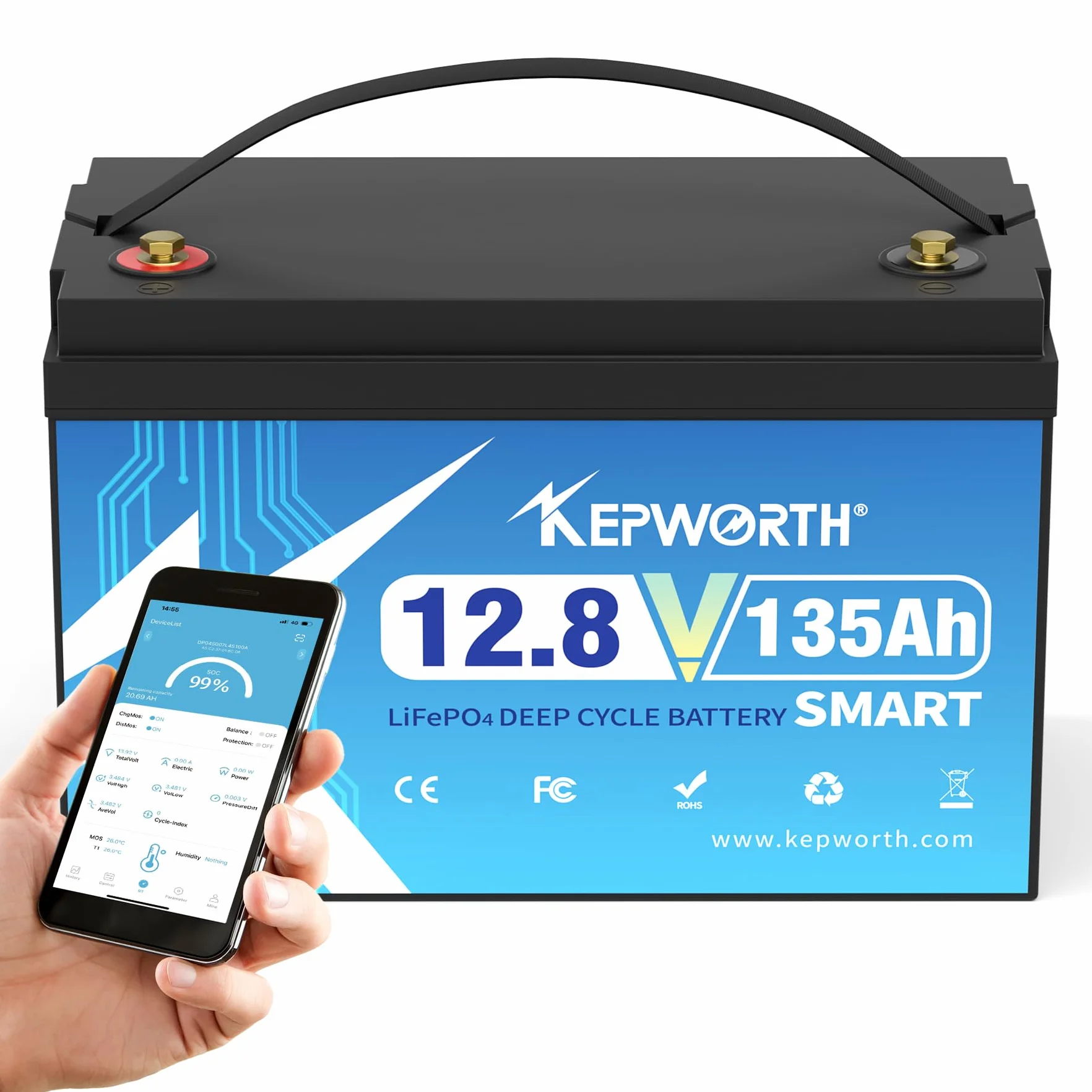 KEPWORTH LiFePO4 135 Ah 12,8 V bateria litowa Bluetooth 100 A BMS, 4000-15000 cykli Deep Cycle, idealny zamiennik akumulatorów kwasowo-ołowiowych do kamperów, na kemping, do solarnych, łodzi