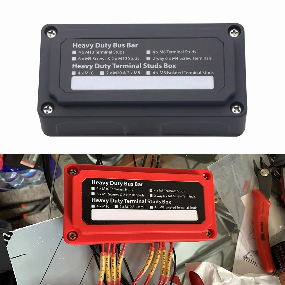 Busbar 12 V, listwa magistrali 100 A, solidne bloki rozdzielcze, słupki 4 x M6, słupki, 12 x M4, śruby Dominos, drążki magistrali dodatniej i podłogowej, bloki akumulatorów, czerwony i czarny