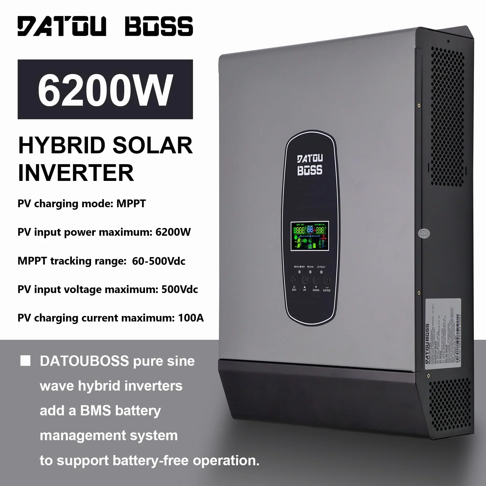 DATOUBOSS 6200 W hybrydowy falownik 48 V DC do 220/230 V, czysta fala sinusoidalna, MPPT 120 A