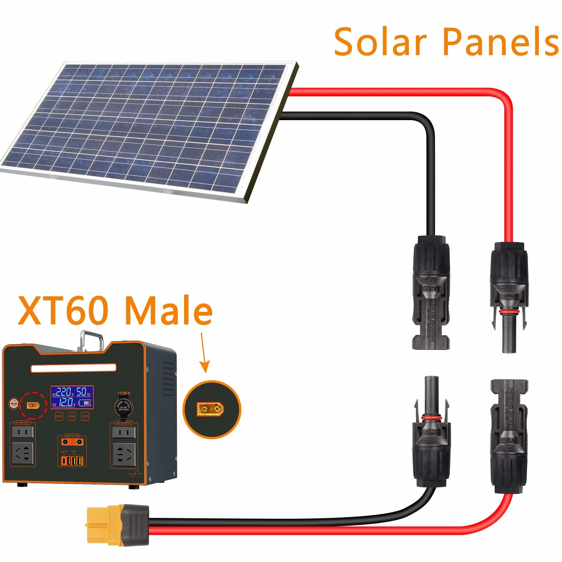 Kabel zasilający słoneczny XT60 3mm² 60cm 12AWG do przenośnej stacji zasilania generatora solarnego