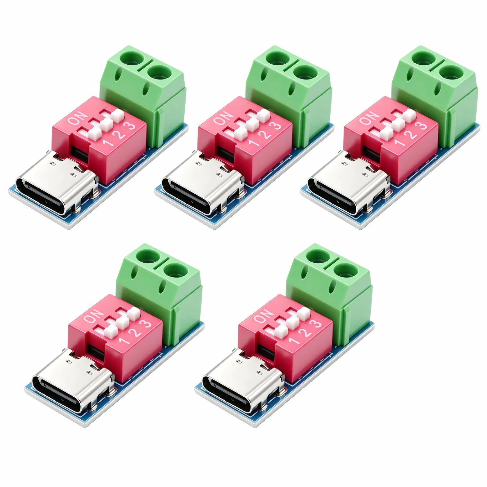 5 sztuk USB C PD Wyzwalacz Moduł,PD/QC Decoy Board z DIP,Wyzwalacz Napięcie Regulowane 5V/9V/12V/15V/20V,Moduł Dostawy Doładowania 100W dla DIY,Laboratorium i Testowanie