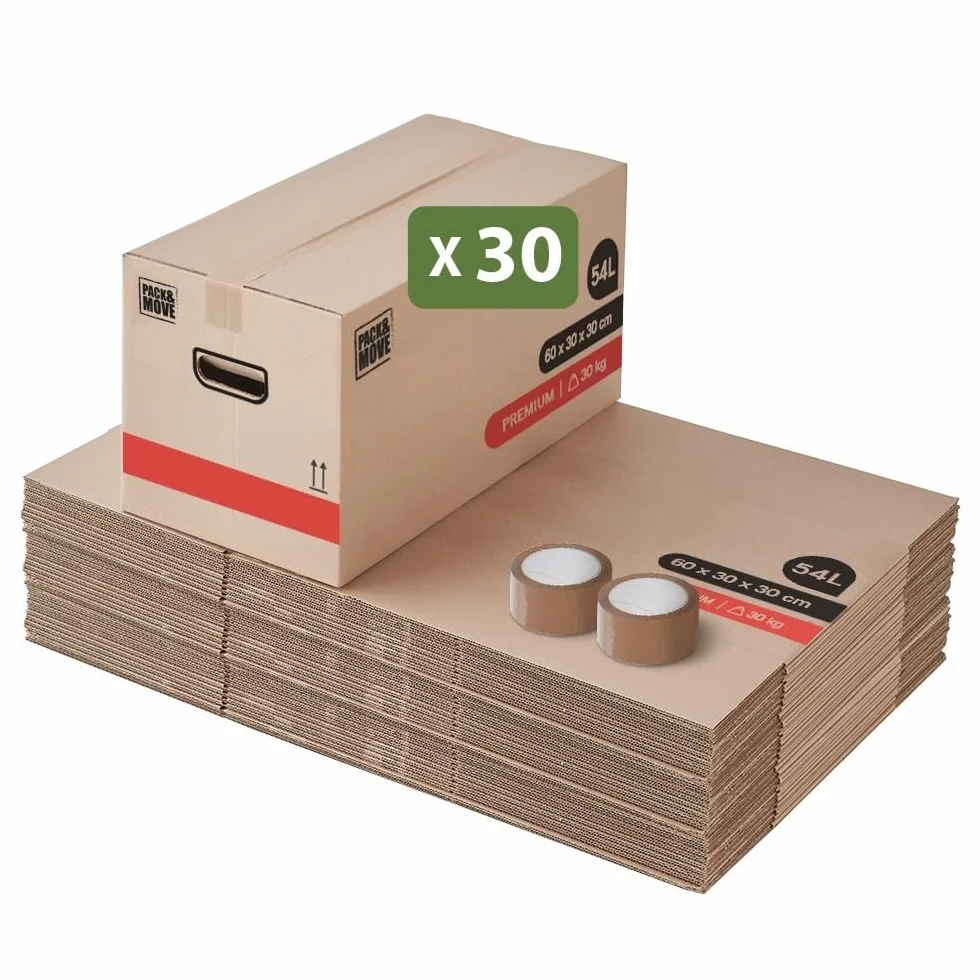 Pack and Move - Zestaw 30 kartonów przeprowadzkowych premium - 60 x 30 x 30 - ekstremalna wytrzymałość 30 kg - wielokrotnego użytku - wzmocnione uchwyty - 2 naklejki w zestawie
