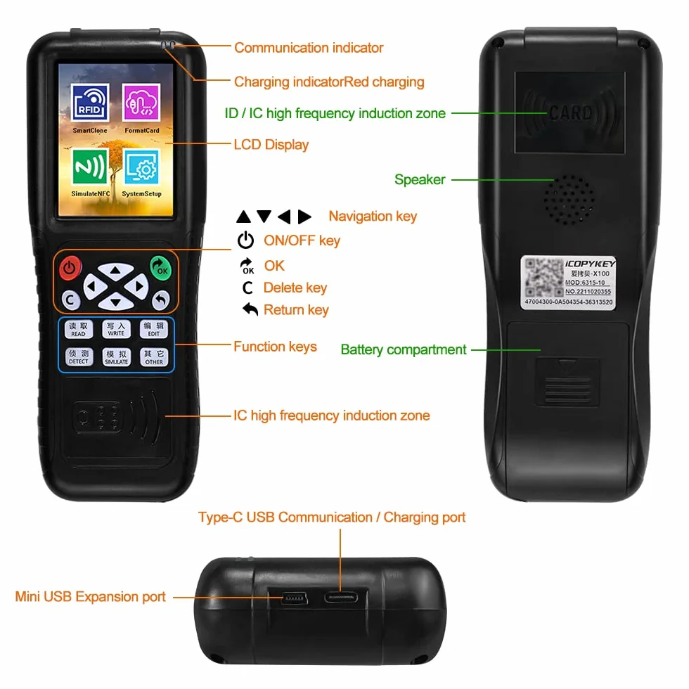 Czytnik kart RFID Writer duplikator pełnej częstotliwości ID/IC z bezpłatnym oprogramowaniem, aplikacja na smartfon, dekodowanie, symulacja NFC do kopiowania kart kontroli dostępu