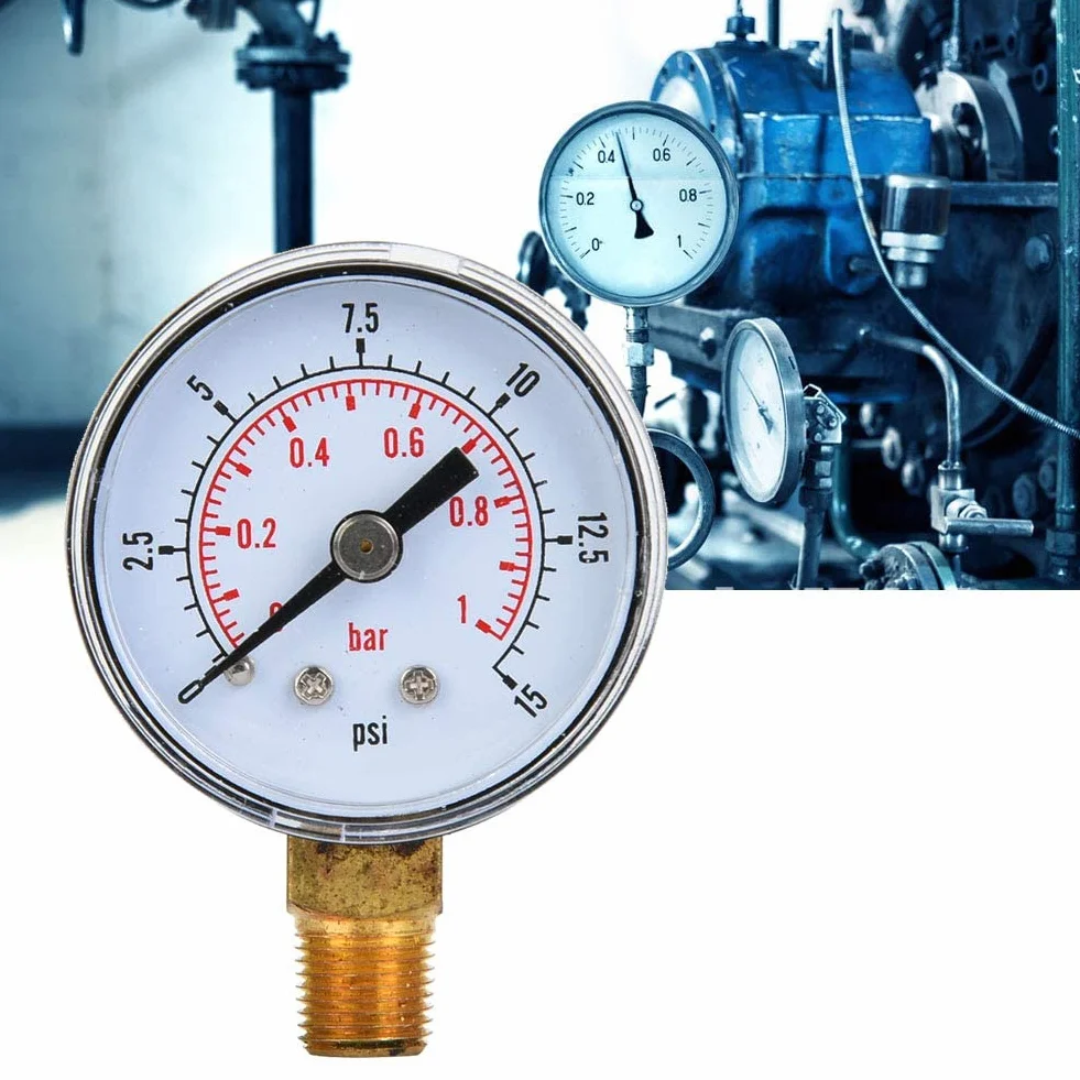 1/8 Cala BSPT Manometr do Montażu Dolnego Mocowanie Dolne, Manometr Powietrza Miernik Ciśnienia Powietrza do Testu Ciśnienia Oleju Wodnego i Paliwa Powietrza (0-15 psi, 0-1 bar)