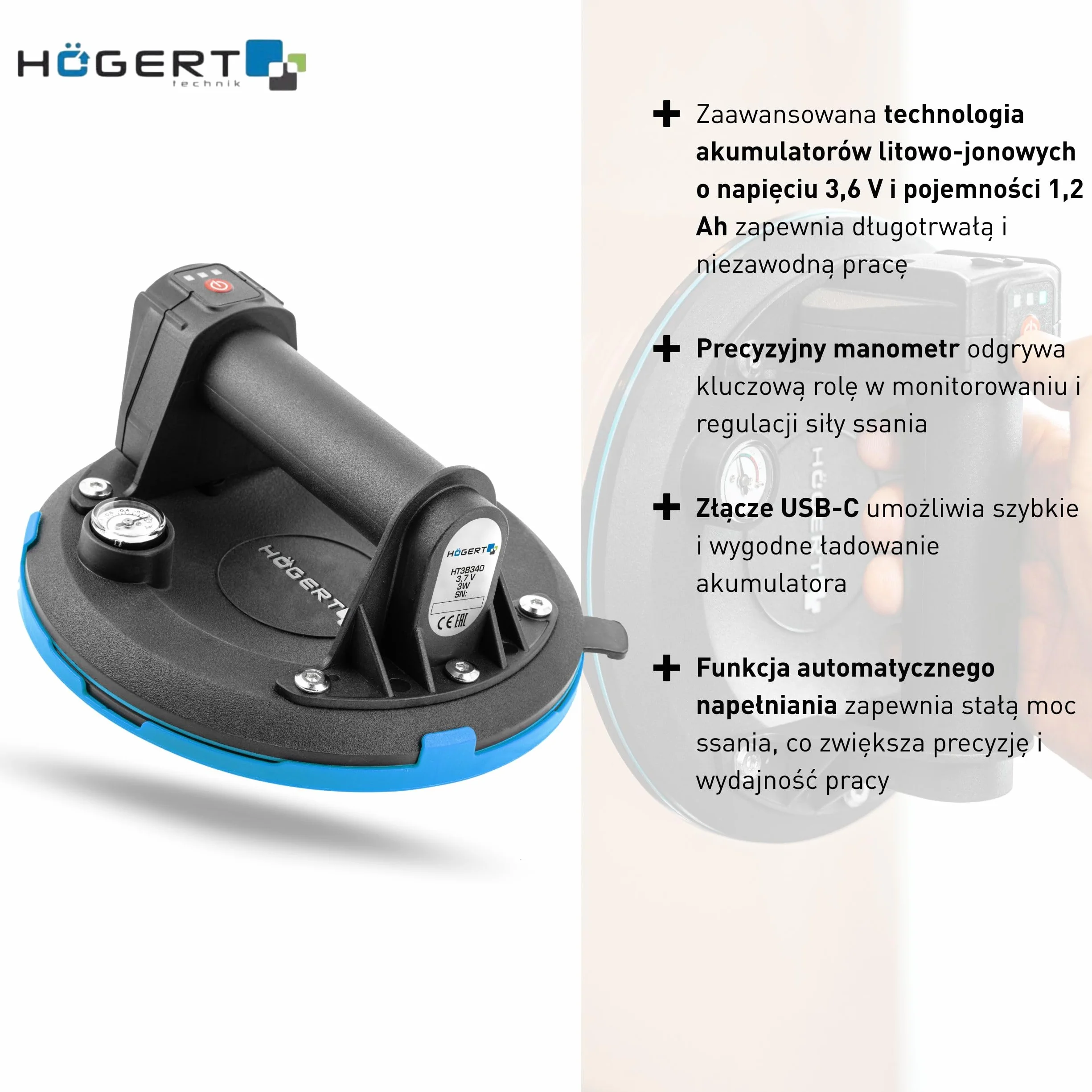 HÖGERT TECHNIK Przyssawka akumulatorowa 200 mm z manometrem Heavy Duty 150 kg
