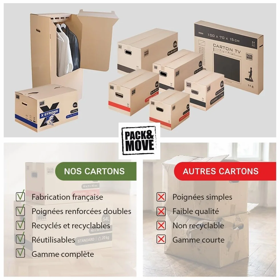 Pack and Move - Zestaw 30 kartonów przeprowadzkowych premium - 60 x 30 x 30 - ekstremalna wytrzymałość 30 kg - wielokrotnego użytku - wzmocnione uchwyty - 2 naklejki w zestawie