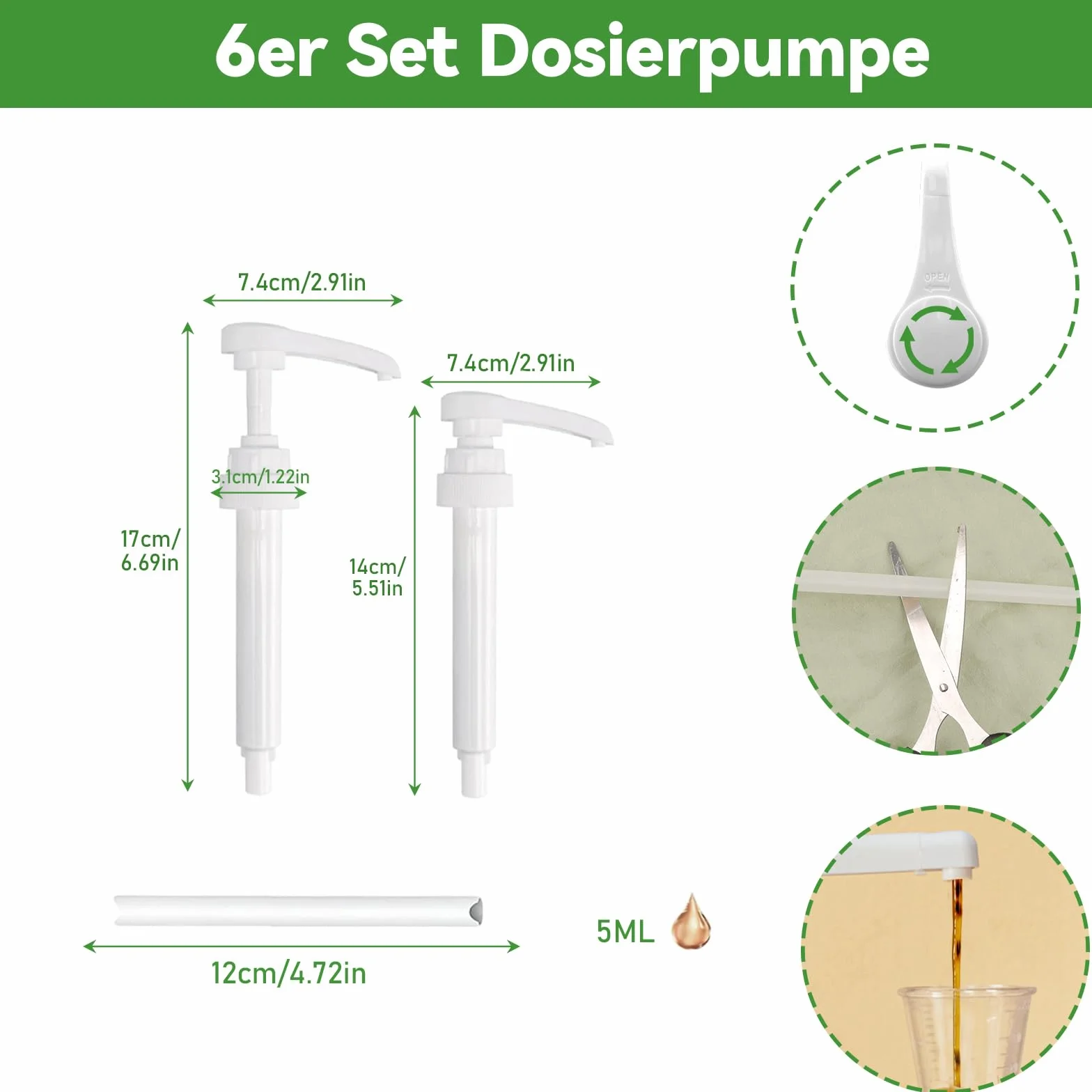 6-częściowy zestaw pompek dozujących, dozownik pompy wielokrotnego użytku, dozownik syropu 5 ml i 10 ml, nasadka z pompką, pompa syropowa dla rodziny, kawiarni, restauracji