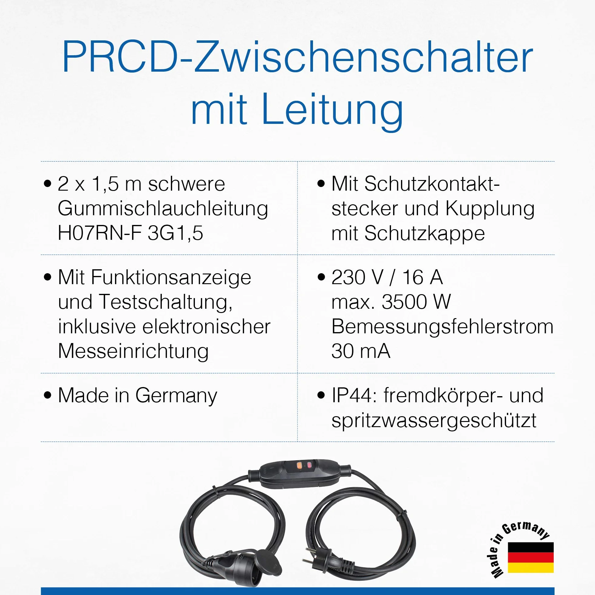 as - Schwabe 45222 PRCD Zwischenschalter mit Leitung (2x1,5 m), Schutzkontaktstecker und Kupplung mit Schutzklappe, 230 V, 16 A