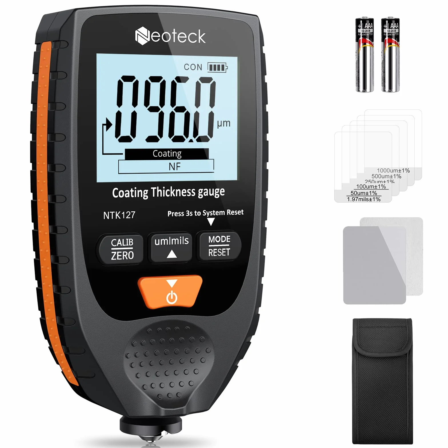 Neoteck Grubość 0-1500um Miernik grubości powłoki lakieru samochodowego Sonda Fe&NFe z metalowym podświetleniem samochodowym ze stalową i aluminiową podstawą