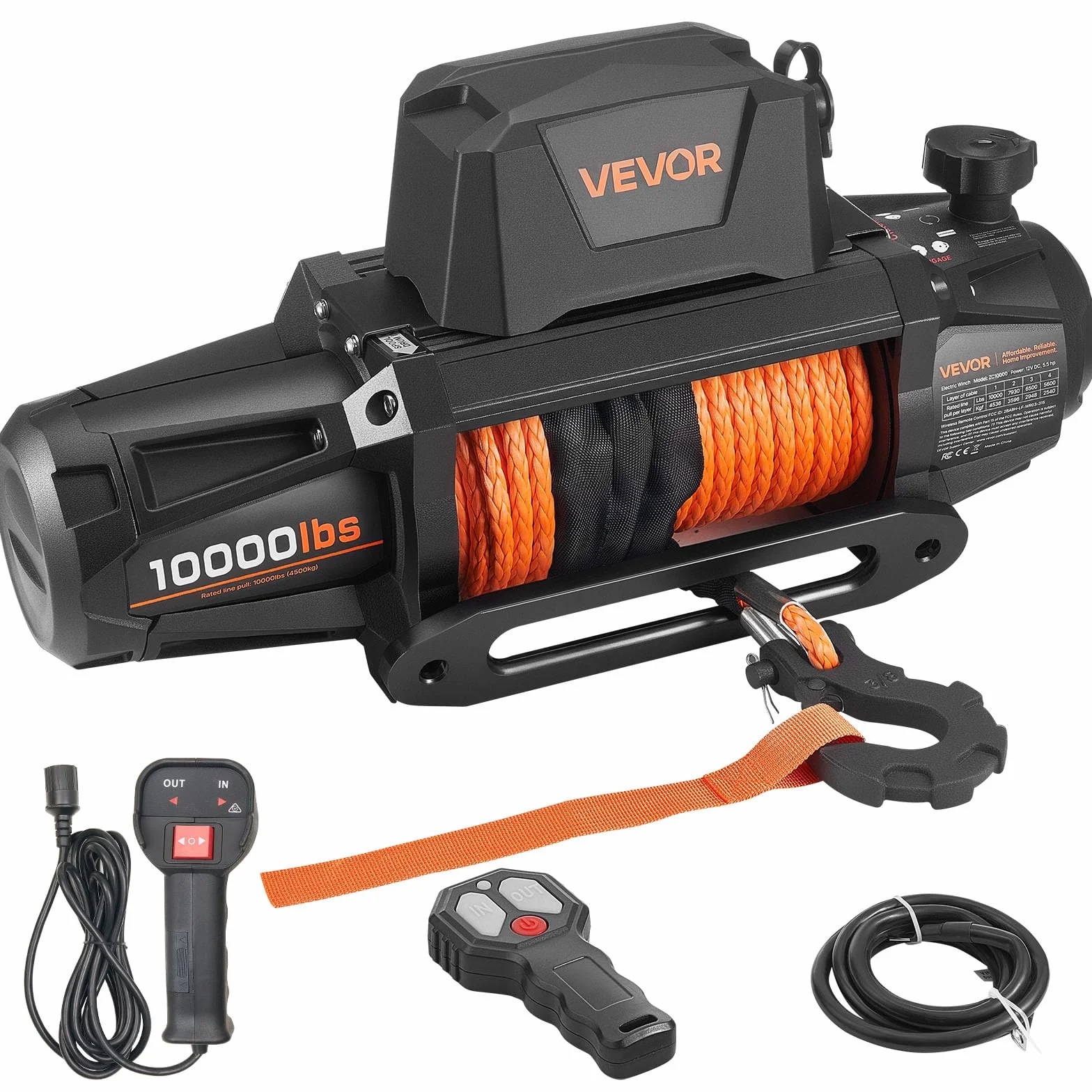 VEVOR Wciągarka elektryczna 4500 kg 12 V DC z liną syntetyczną Φ8,9 mm x 27,4 m bezprzewodowy pilot IP67