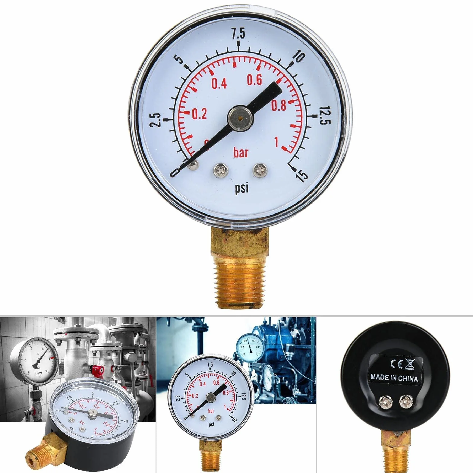 1/8 Cala BSPT Manometr do Montażu Dolnego Mocowanie Dolne, Manometr Powietrza Miernik Ciśnienia Powietrza do Testu Ciśnienia Oleju Wodnego i Paliwa Powietrza (0-15 psi, 0-1 bar)