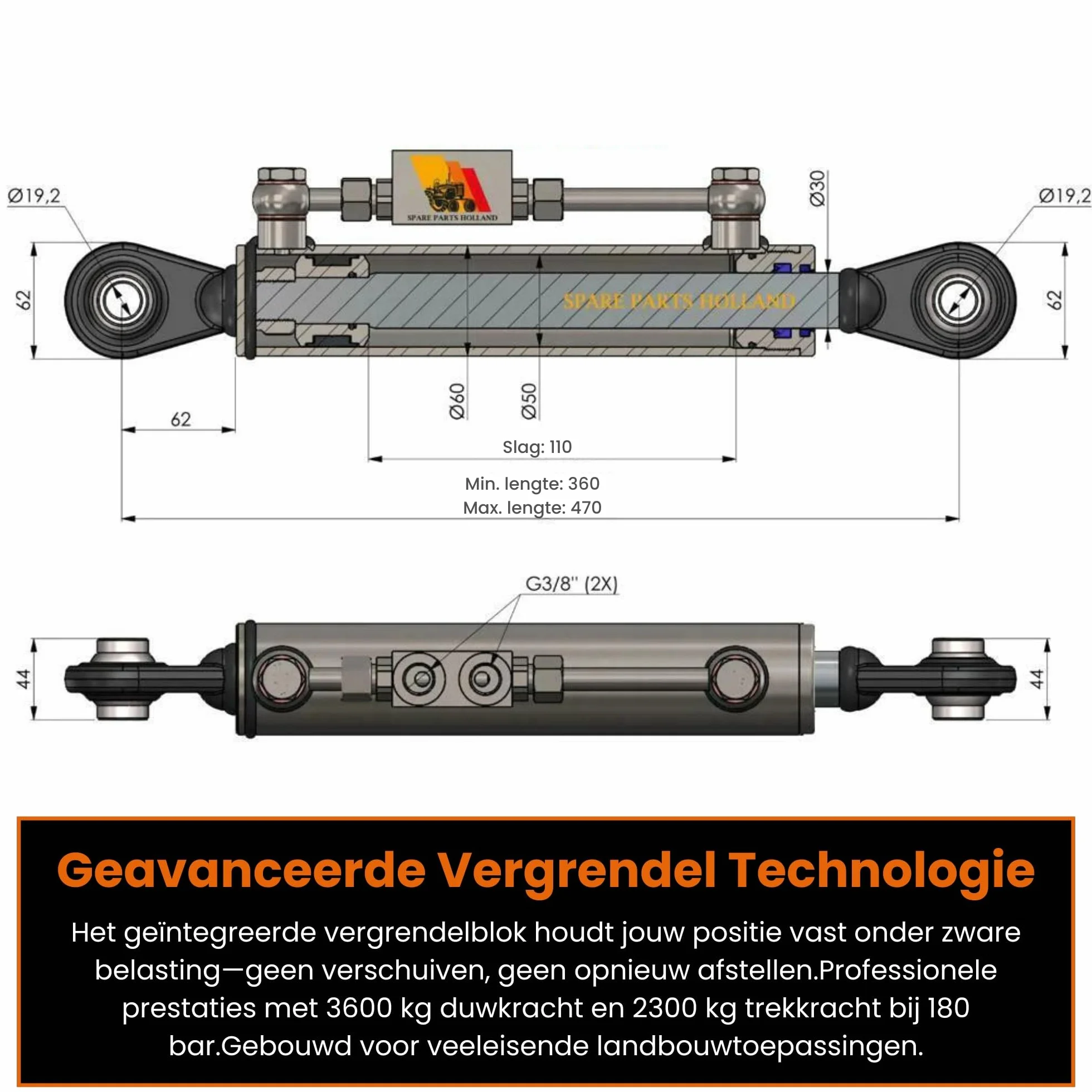 Łącznik górny hydrauliczny 360-470 mm z wężami