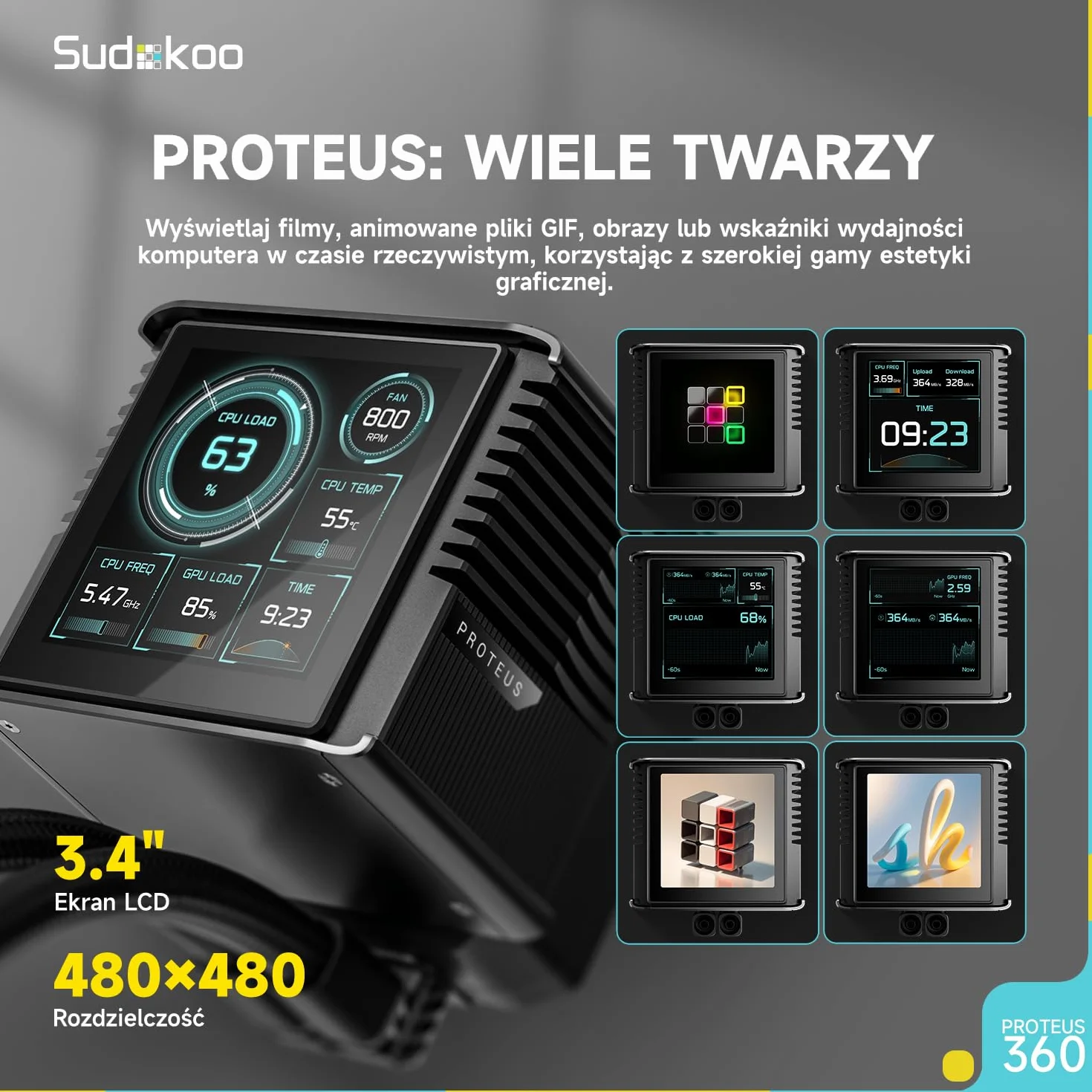 Sudokoo PROTEUS 360 AIO CPU Chłodzenie Wodne, Regulowany Segment, Ekran LCD 3,4", Pompa PWM, TDP 320W, Wentylator o Wysokiej Wydajności 30mm, Intel LGA 1851/1700/1200/115X AMD AM5/AM4