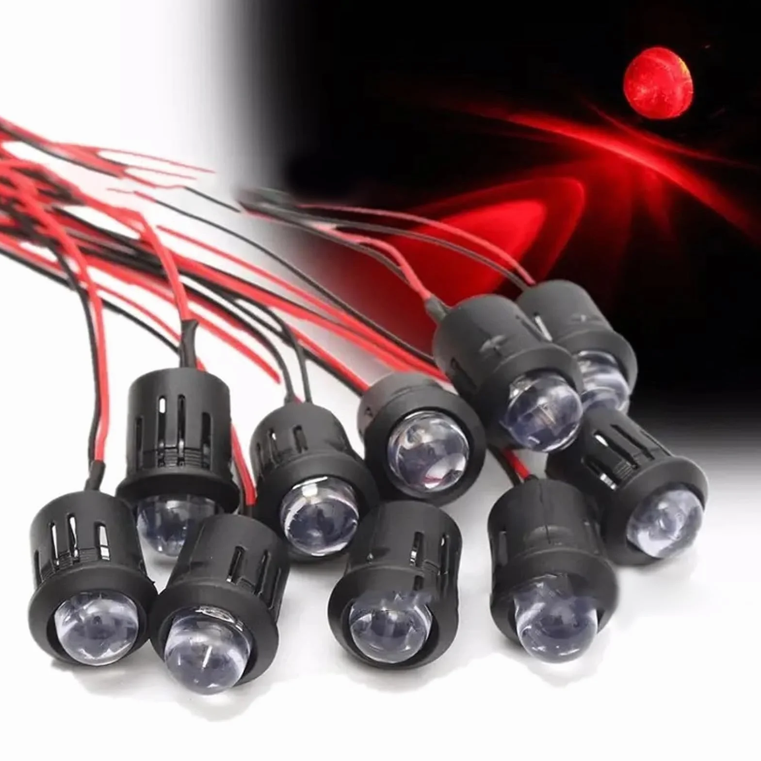 10 Sztuk Dioda LED 10mm 12V Lampka Kontrolna z wodoodporną linią (Czerwony)
