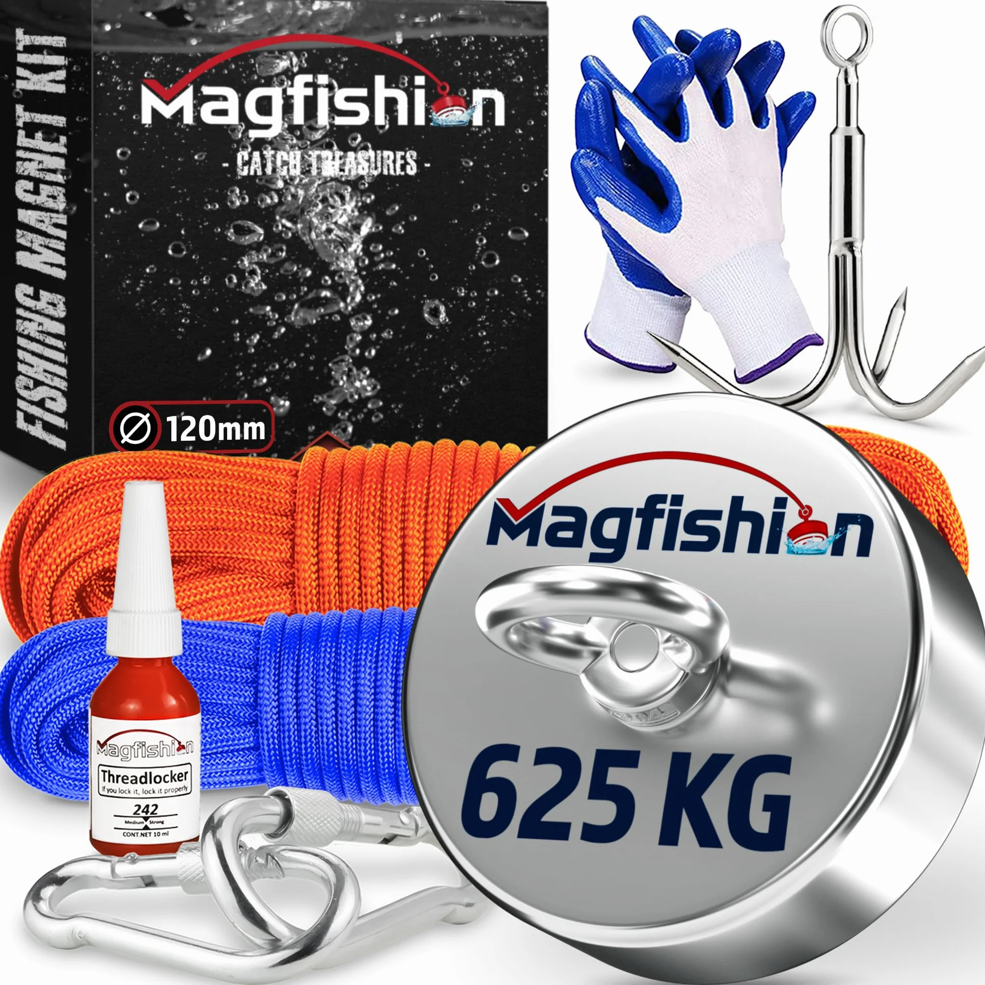 MAGFISHION Mega Zestaw do Magnetycznego Wędkarstwa - Siła Przyciągania 625KG - Ø120mm - Magnes Neodymowy z 2 Linami & Rękawice - Idealny do Magnetycznego Wędkarstwa - Magnes Ryba