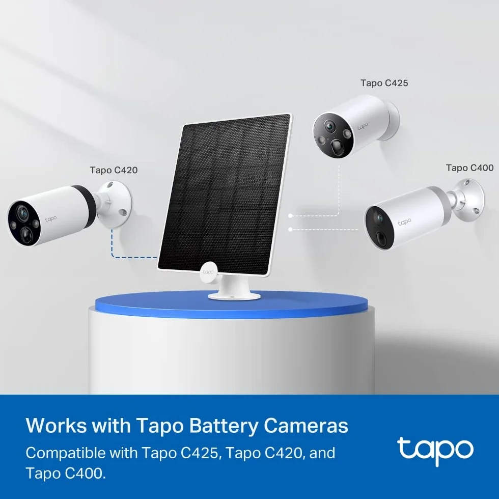 TP-Link Tapo A200 | Panel solarny do kamer Tapo | Kompatybilny z C420, C425, D230S1 i innymi modelami bateryjnymi | Ładowanie bezprzewodowe | Kabel 4 m w zestawie | Montaż zewnętrzny IP65