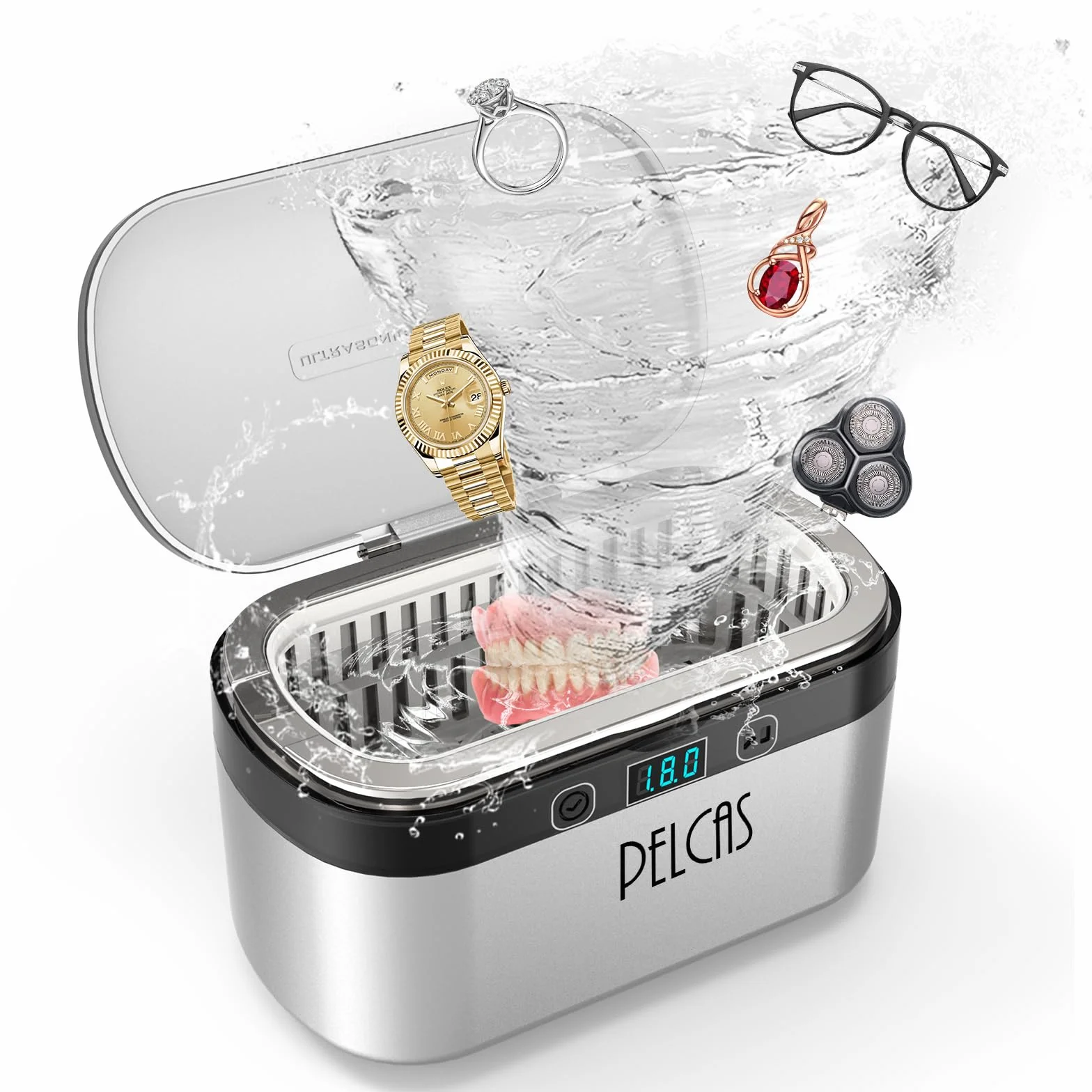 PELCAS Ultrasonic Cleaner 500 ml - Ulepszenie Urządzenie Ultradźwiękowe 45KHz Ekran Dotykowy Ultrasonic Cleaner z 5 Ustawieniami Czasu 38W Ultrasonic Bath do Makijażu Szczotki Zegarki do Okularów