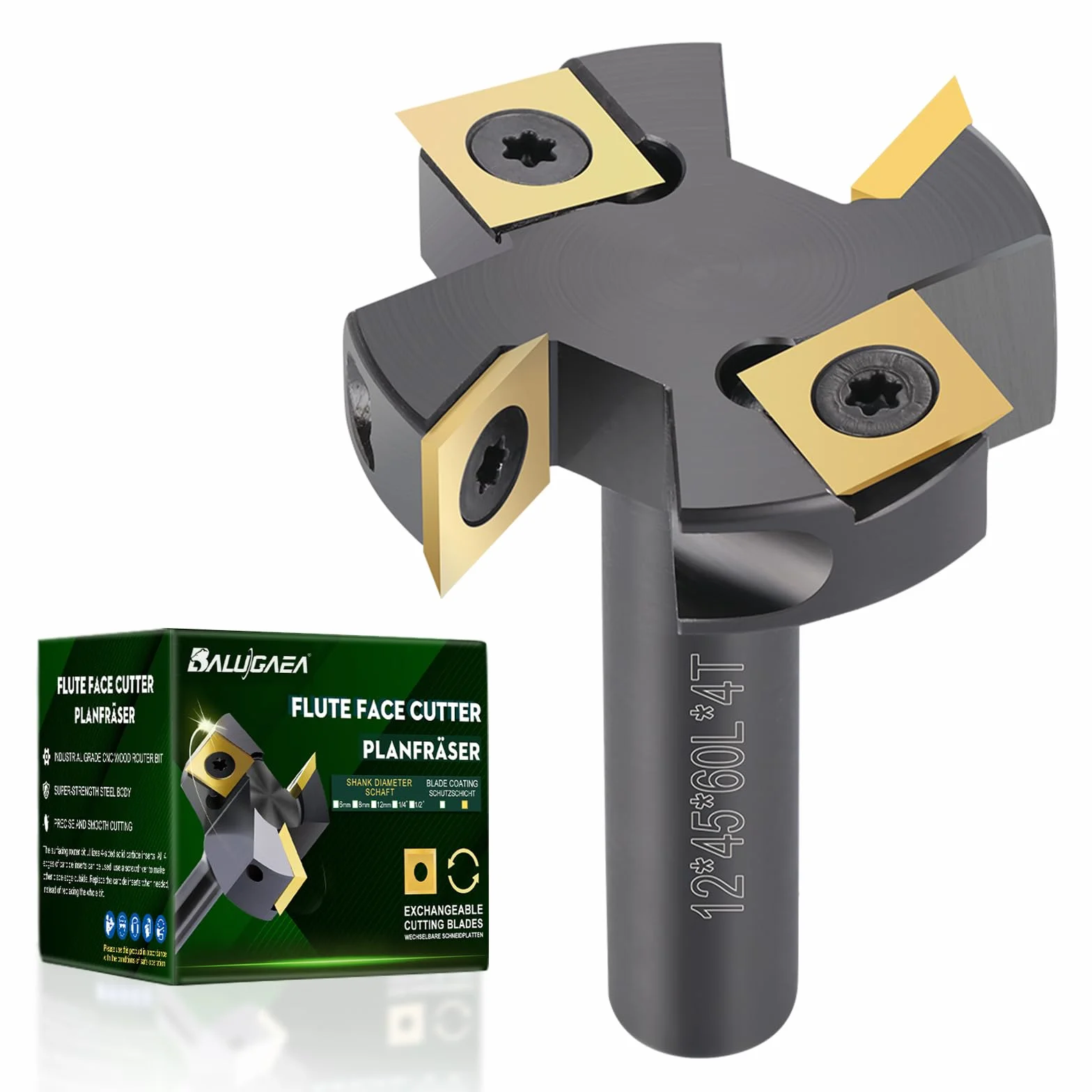 Frez czołowy 12 mm, średnica trzpienia 45 mm, frez do strugania drewna, frez do spłaszczania z twardego metalu TiN-besch, 12 x 12 x 2,2 mm, CNC frez czołowy do frezarek powierzchniowych
