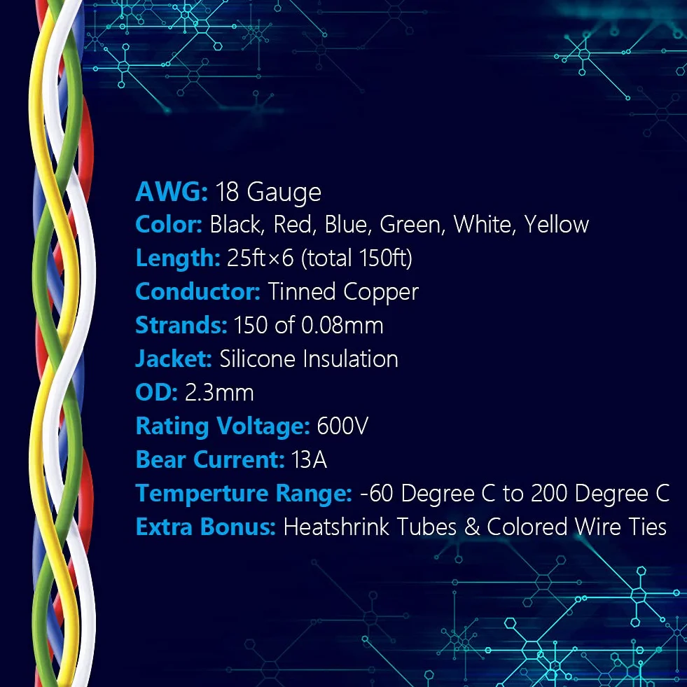 Fermerry 18 AWG linka cynowana miedź 0,75 mm² 25 stóp 6 kolorów elastyczne kable połączeniowe