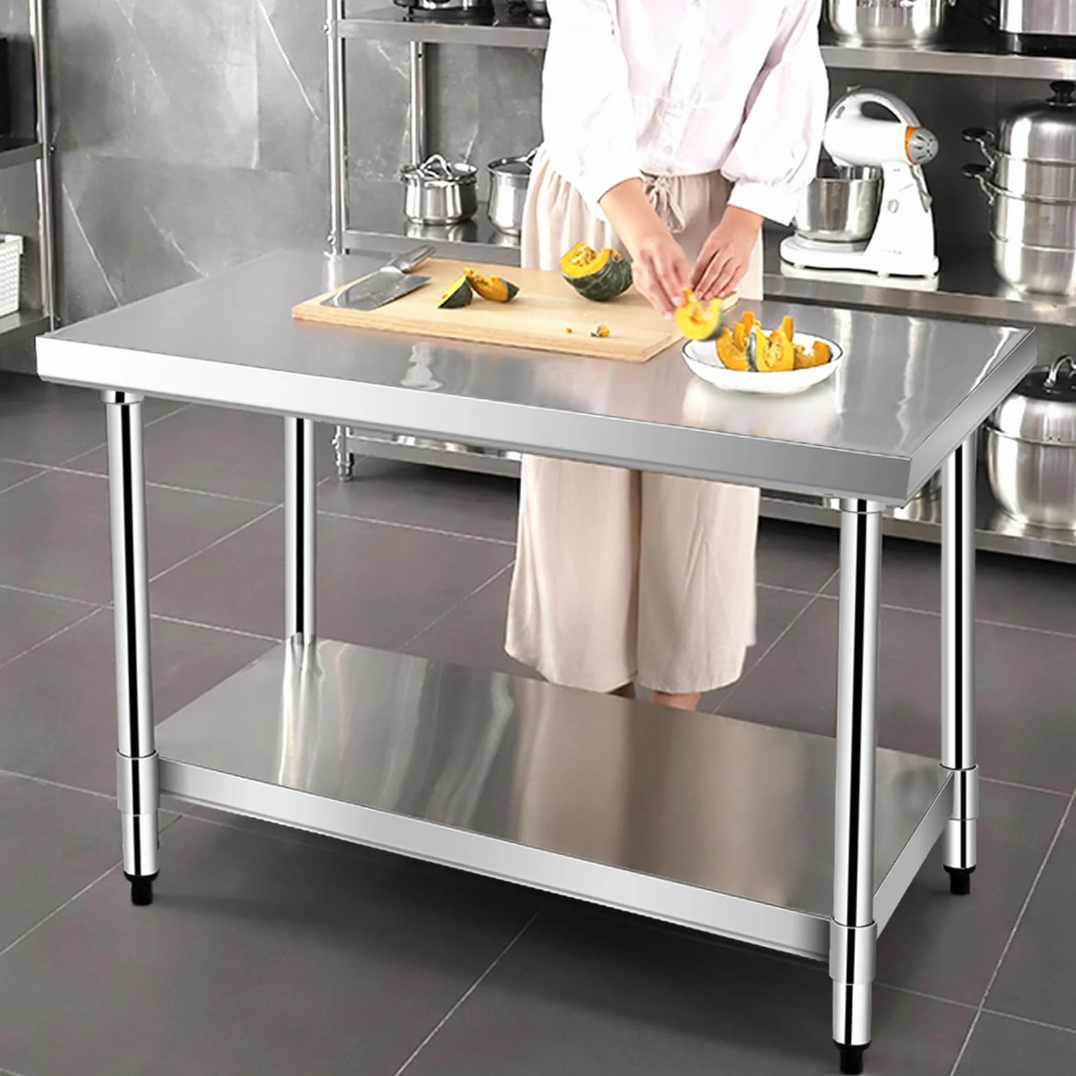 COSTWAY Stół Kuchenny Ze Stali Nierdzewnej Z Półką o Regulowanej Wysokości, Roboczy, Gastronomiczny, Przygotowawczy Z Półblatem (92 x 61 x 90 cm)