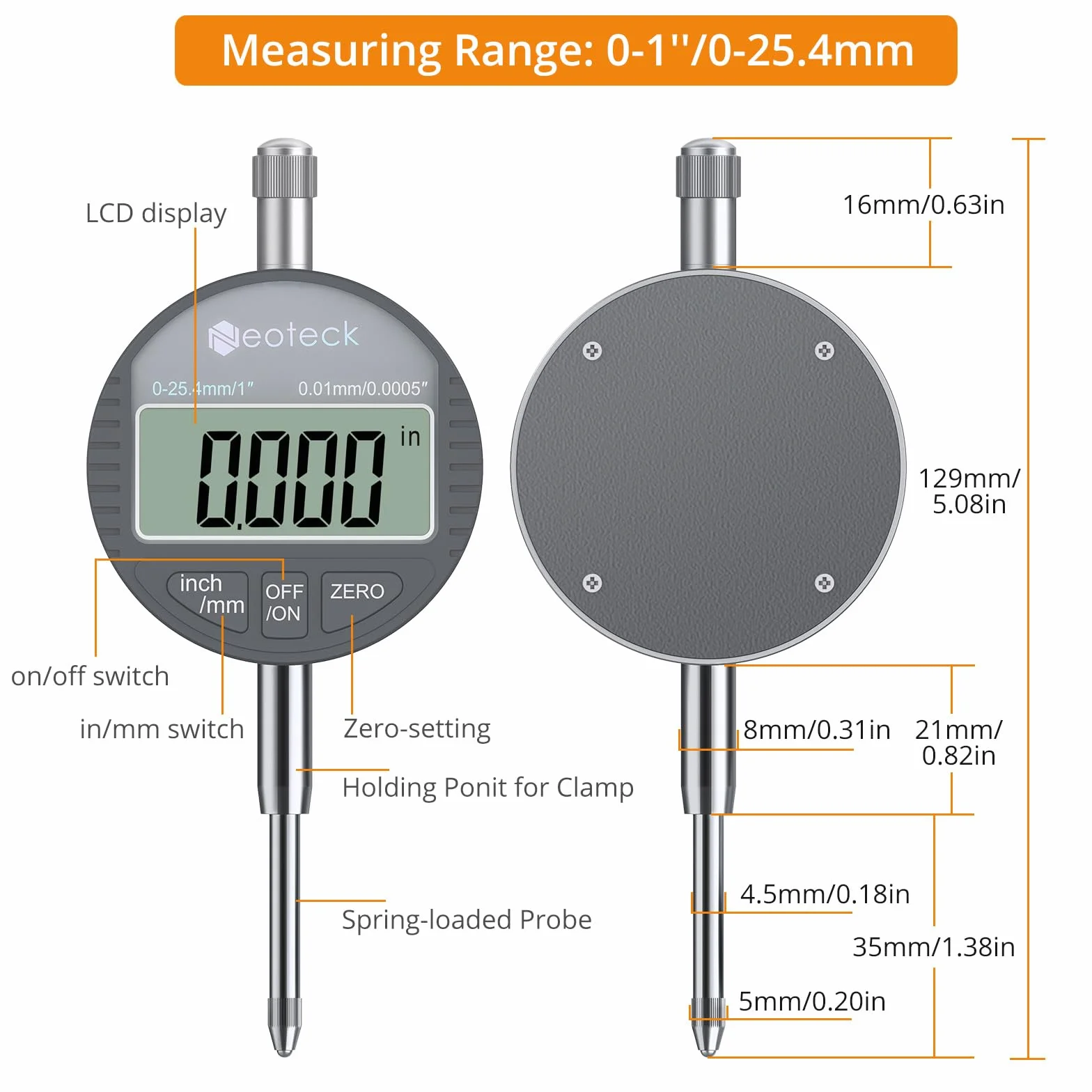 Neoteck 0-25,4 mm cyfrowy wskaźnik z 132 lbs/60 kg wsparcie resetuje podstawa magnetyczna zestaw cyfrowych wskaźników tarczy 0-1 cal/25,4 mm z konwersją calów/metrów