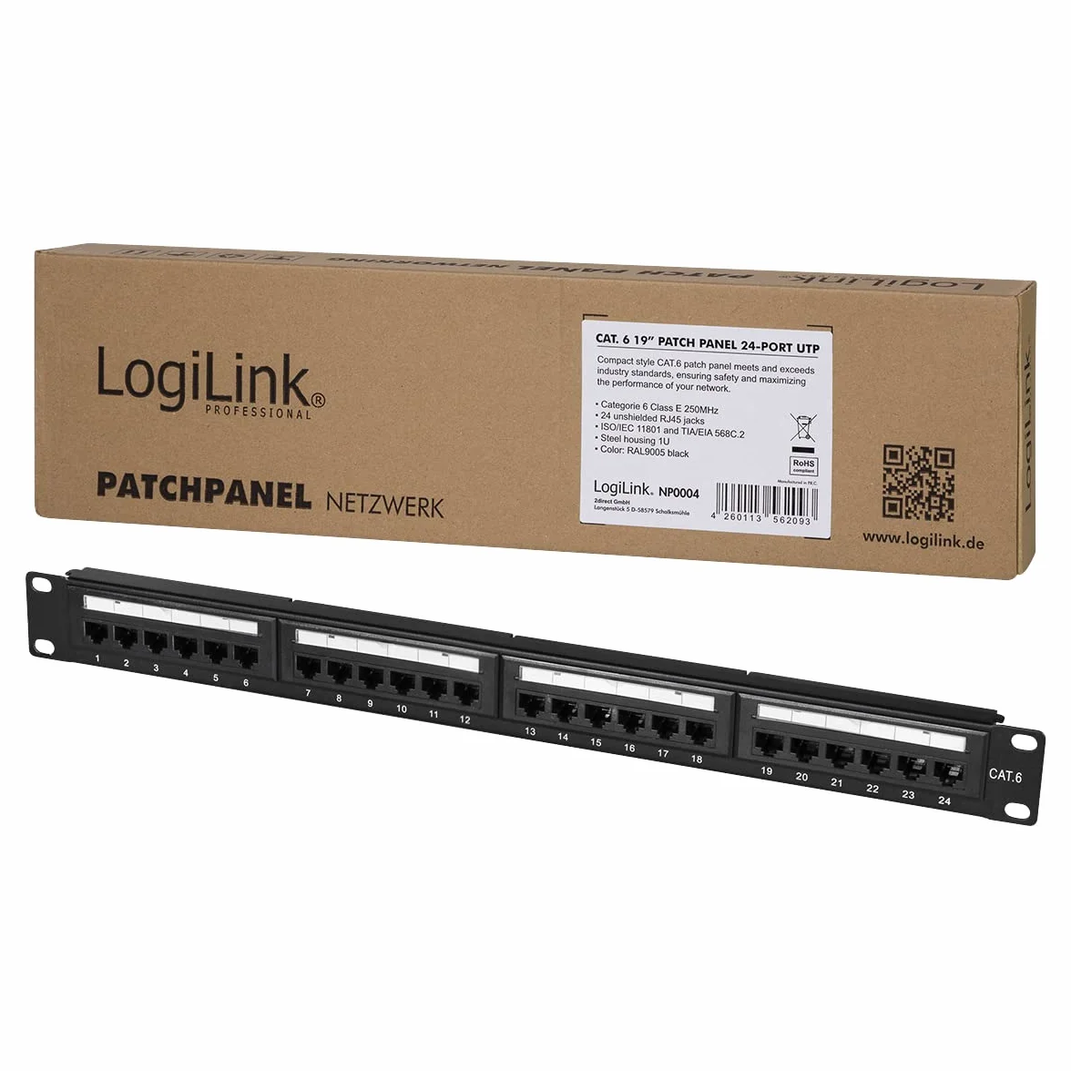 LogiLink Professional EconLine Cat.6 250 MHz Patch Panel 19" UTP 24 porty RJ45