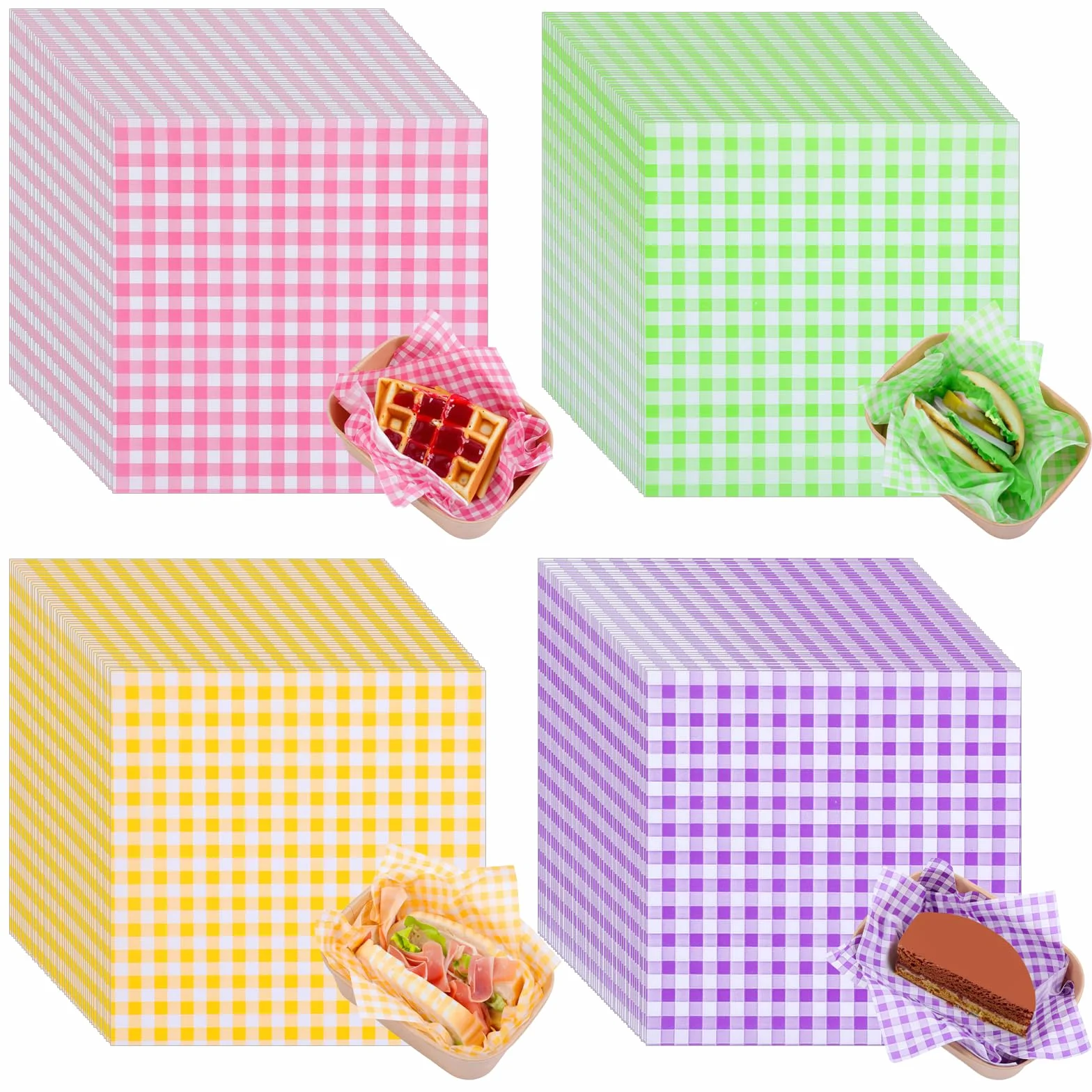 200 szt. woskowanych arkuszy papieru delikatesowego, 18 x 18 cm, zestaw różnorodnych wkładek do kosza na żywność, 4 kolory, okłady papieru kanapkowego, odporne na tłuszcz, arkusze do pakowania