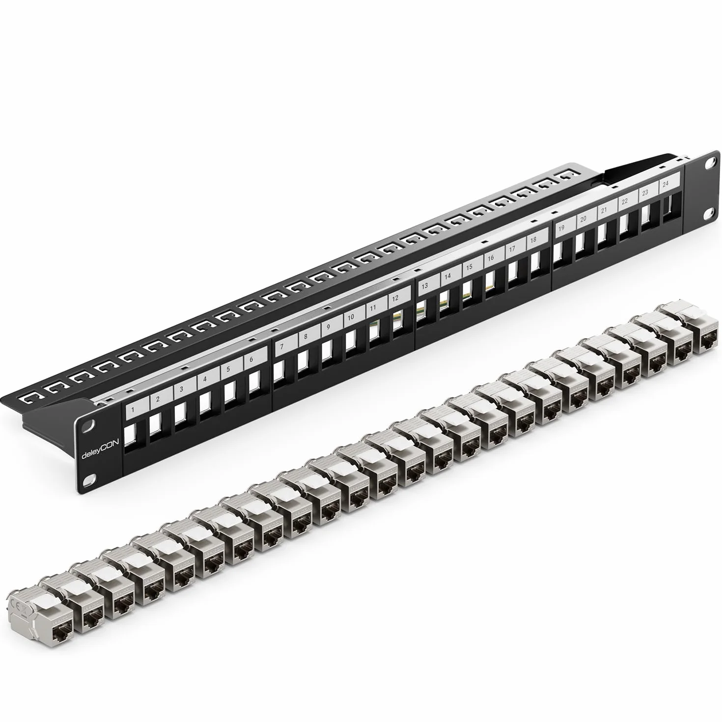 deleyCON 24 Portów Panel Krosowy CAT7 19" 1U Modułowy 10 Gbit/s 600 MHz Czarny