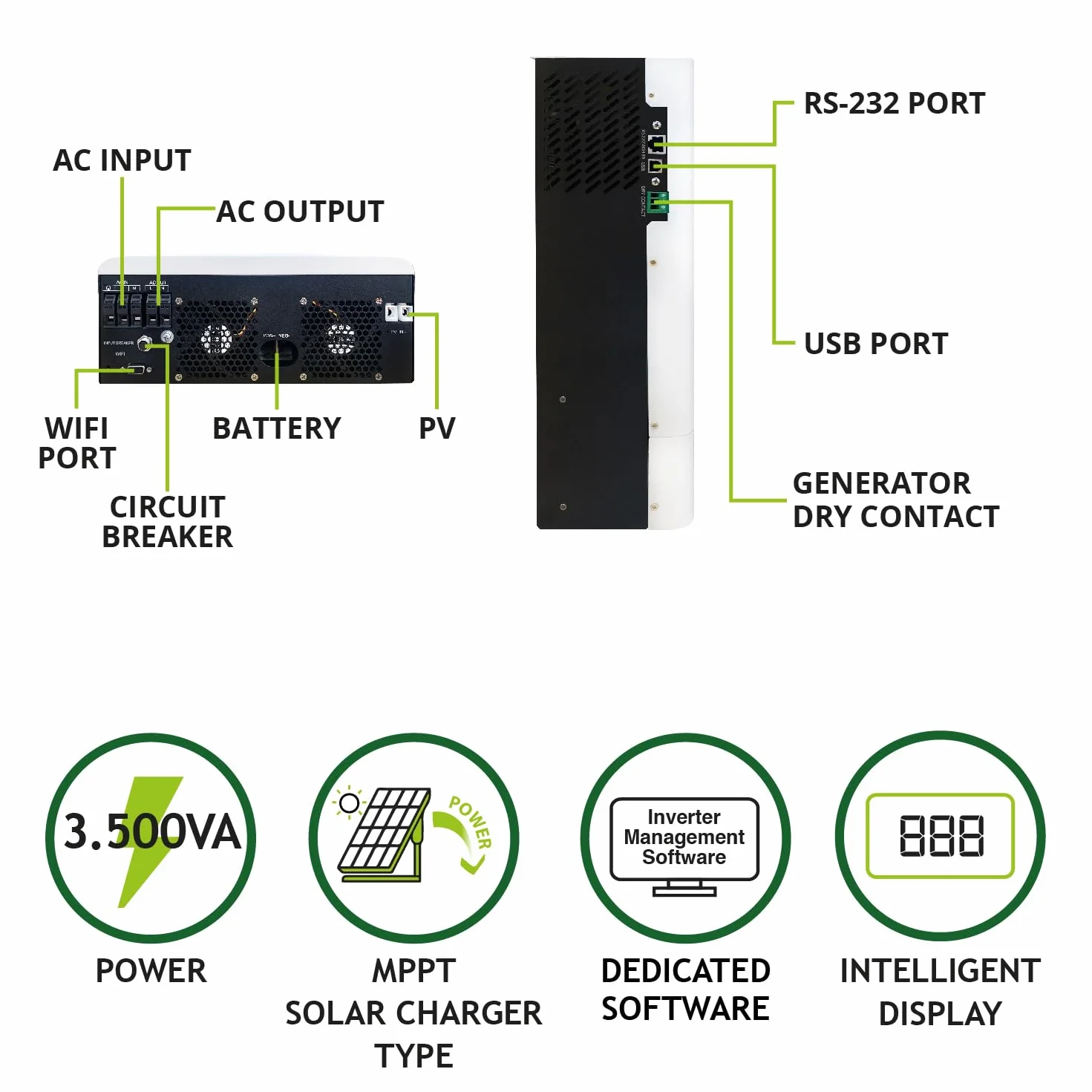 Tecnoware Power Systems Falownik hybrydowy ATA Solar 3500VA, Czysta fala sinusoidalna, MPPT