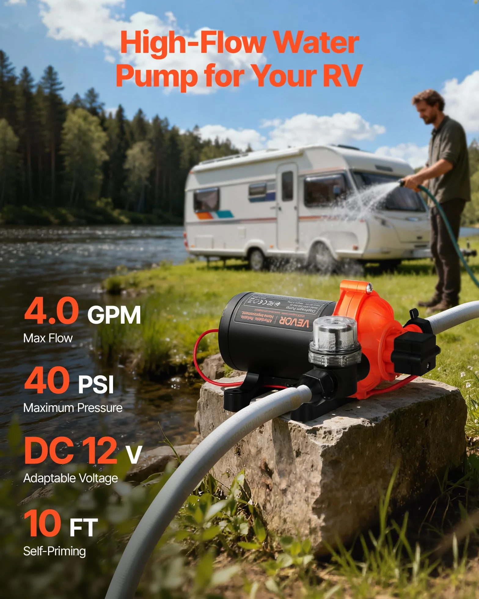 VEVOR Pompa membranowa, 12 V DC, 15,1 l/min, samozasysająca 3-komorowa pompa wodna z automatycznym przełącznikiem ciśnieniowym, ciśnienie 2,75 bar, do przyczep kempingowych, statków, jachtów, myjni