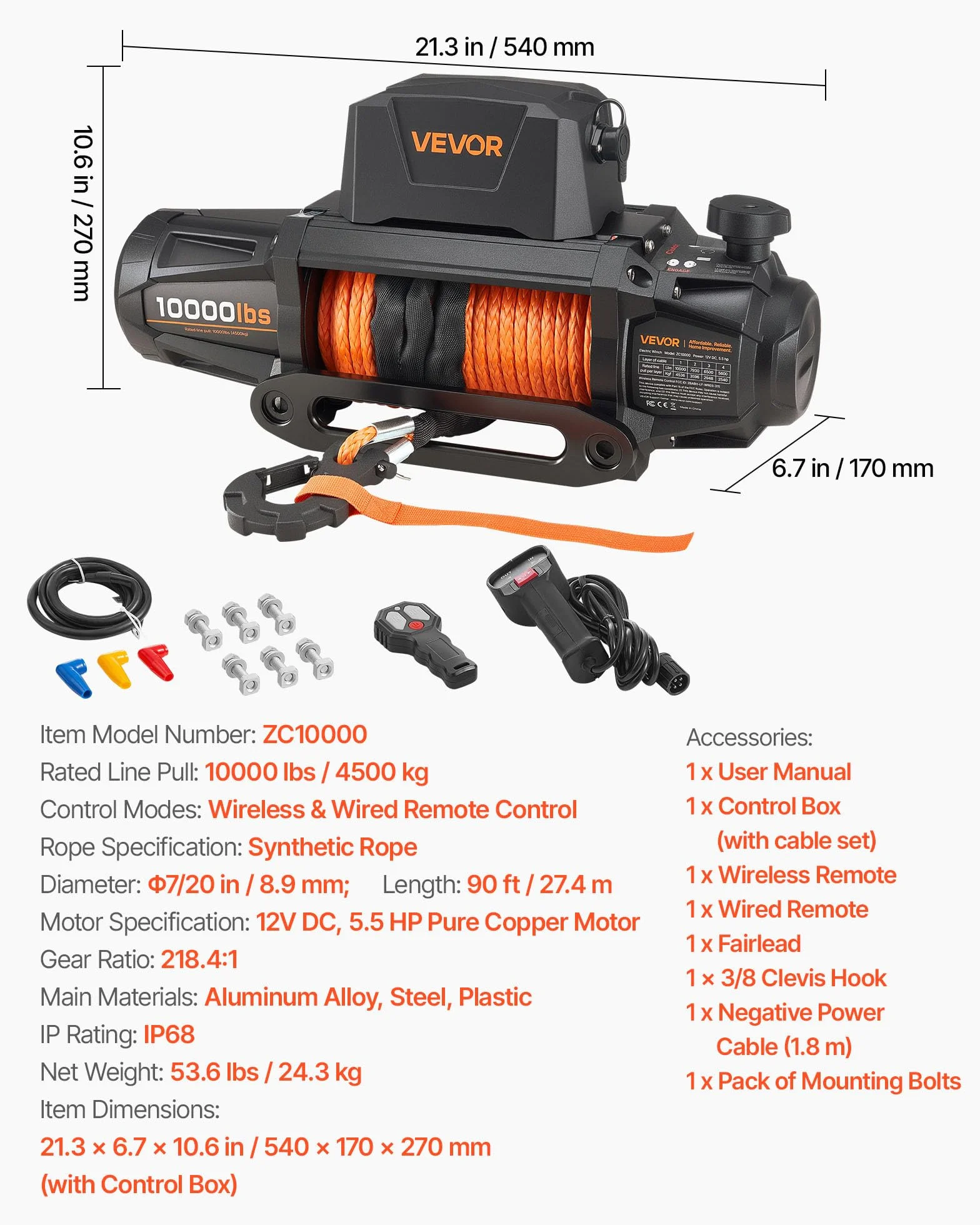VEVOR Wciągarka elektryczna 4500 kg 12 V DC z liną syntetyczną Φ8,9 mm x 27,4 m bezprzewodowy pilot IP67