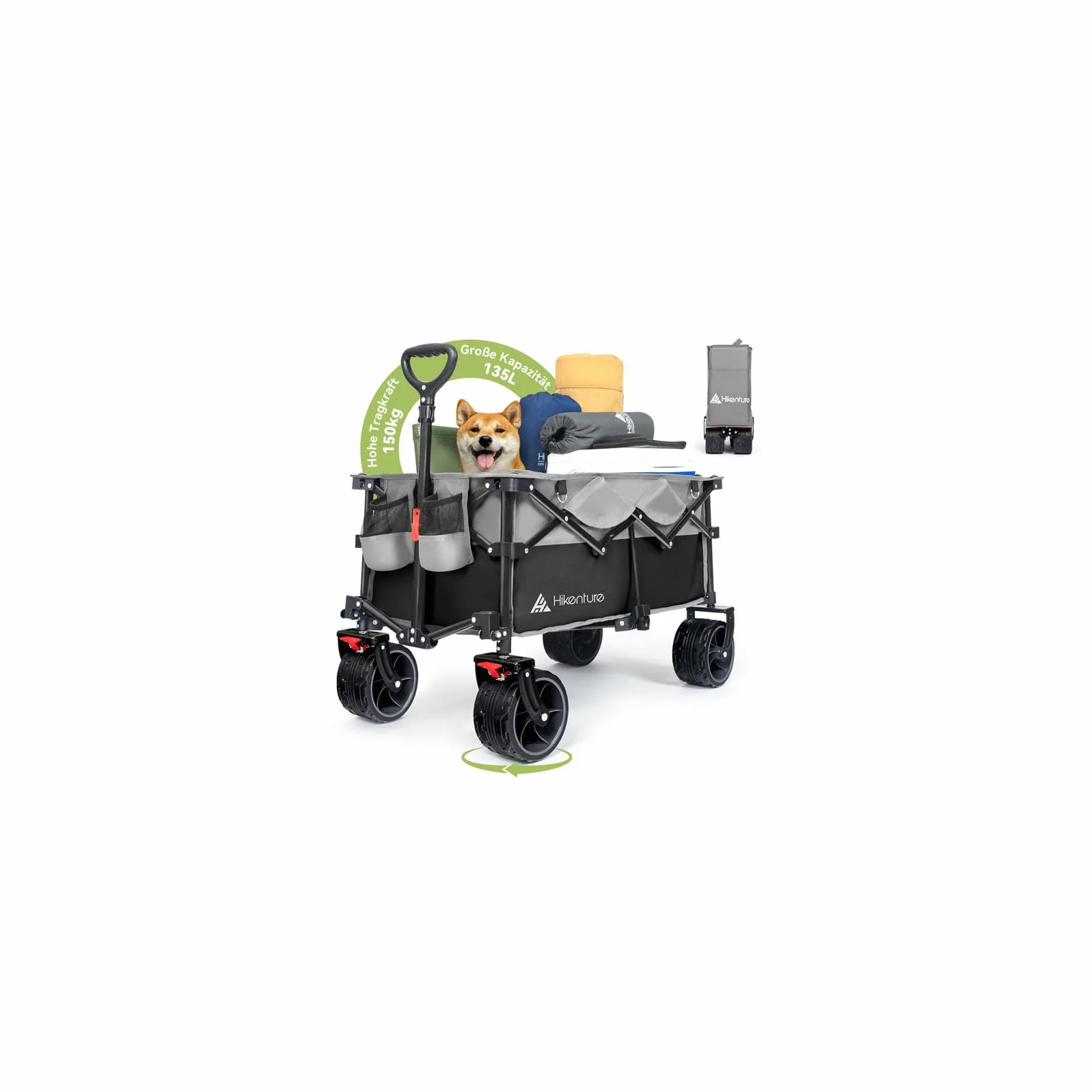 HIKENTURE Składany wózek transportowy 135 l 150 kg szerokie opony hamulce